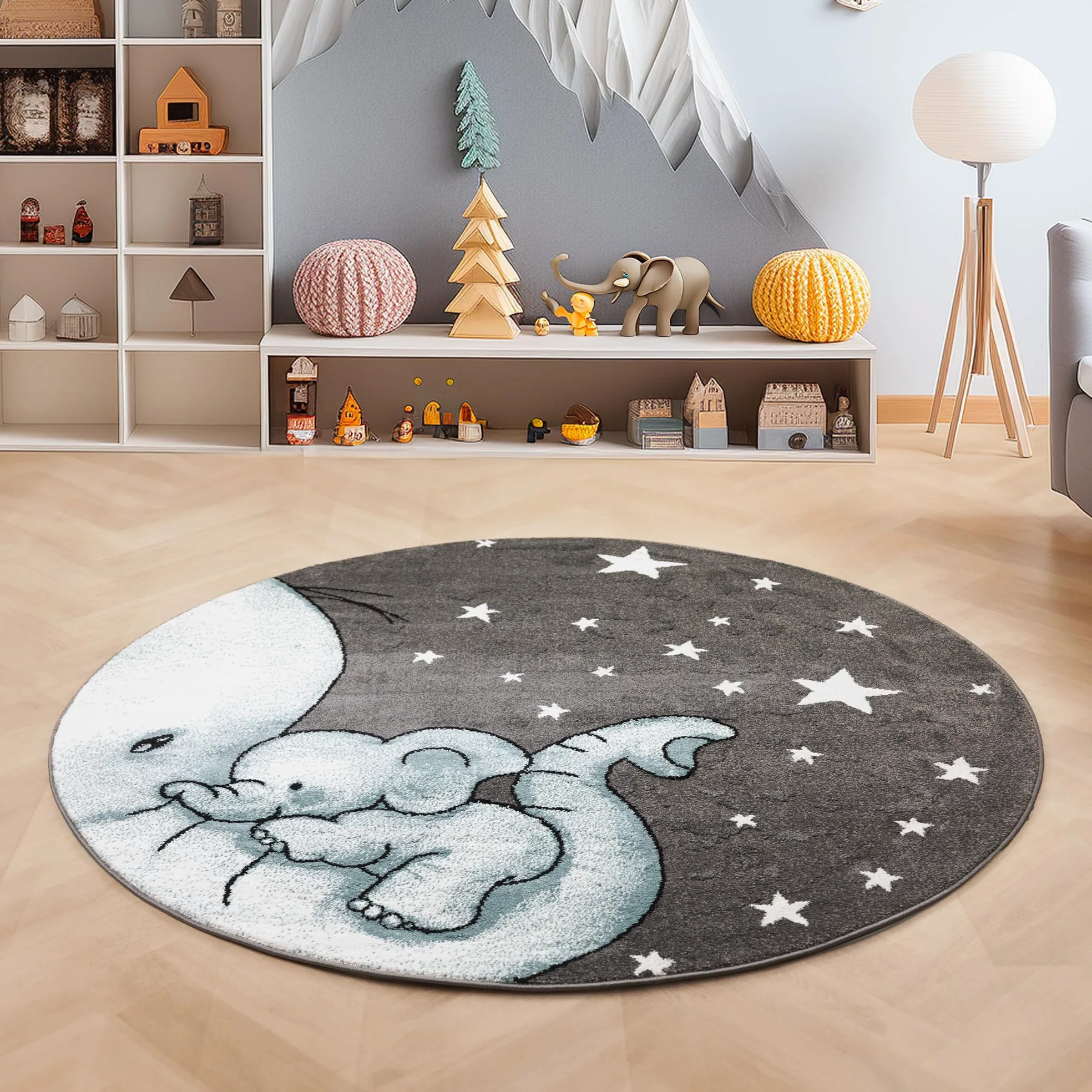 SIMPEX tappeto rotondo bambini elefante blu 120 cm motivo tenero tappeto morbido ipoallergenico ideale per neonati e bambini piccoli