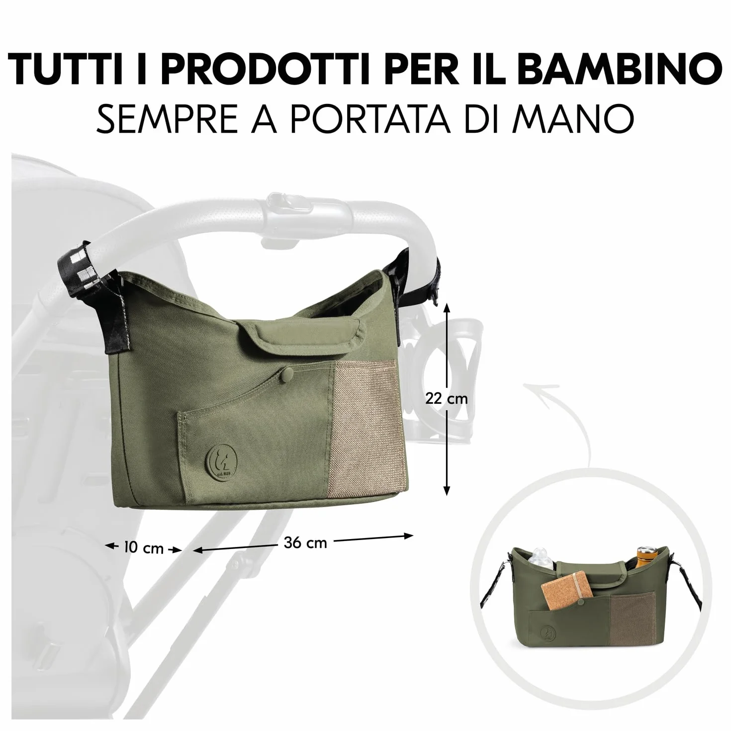 hauck Borsa Passeggino e Carrozzina, Verde Oliva - 35 x 10 x 22 cm - Borsone Portaoggetti con Portabibite di Facile Presa e Tasca in Rete - Chiusura a Strappo per Fissaggio al Manubrio
