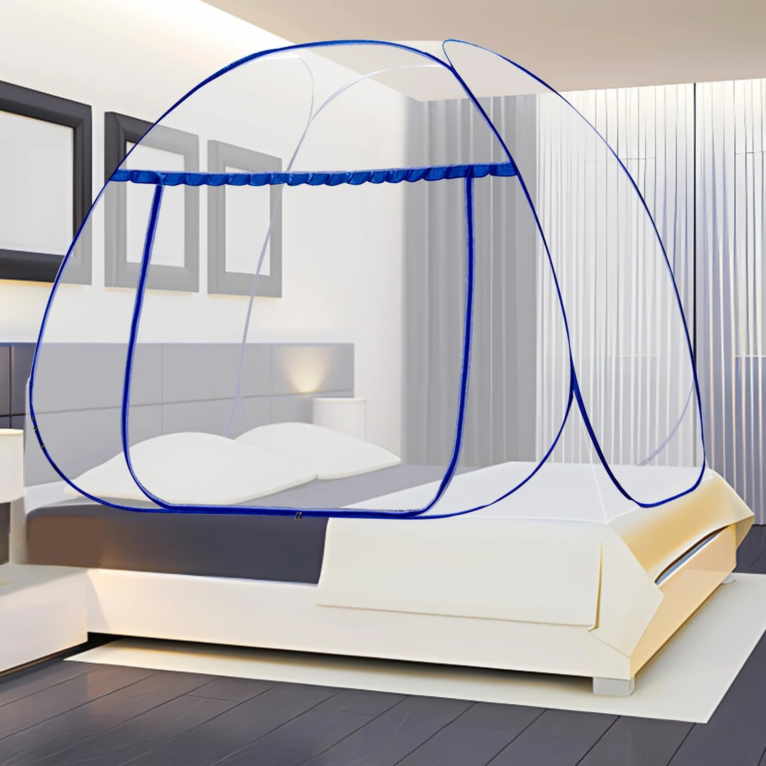 Zanzariera Letto, Zanzariere Pieghevole,zanzariera da viaggio portatile con cerniera a doppia anta,Facile da Installare, Efficace contro le Punture di Zanzara (Blu,195 * 100 * 110cm)