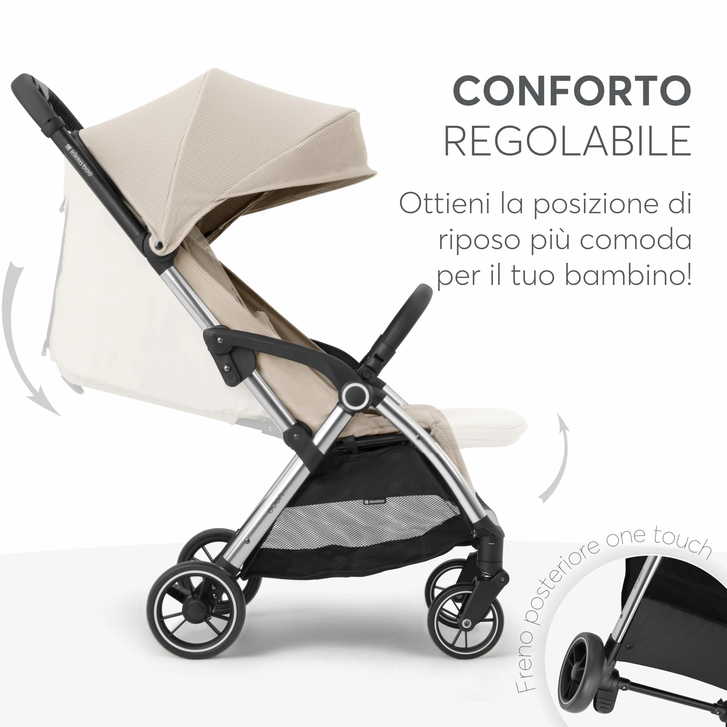 Passeggino KikkaBoo EDEN, Passeggino fino a 22 kg, Ripiegamento automatico, Posizione reclinabile, Ultraleggero, Compatto, Beige