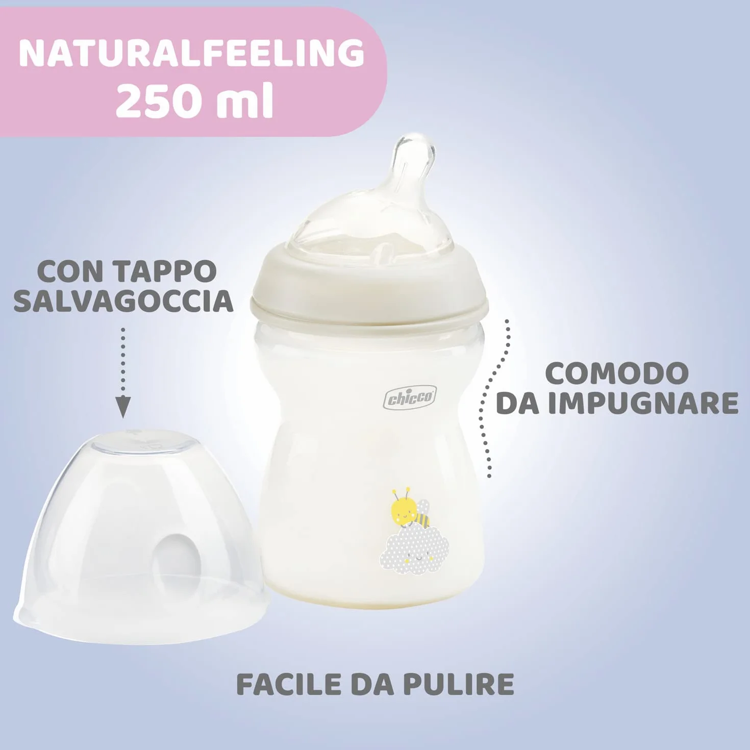 Chicco Set Biberon Natural Feeling, 4 Biberon, Tettarella In Silicone Mesi+, Scovolino e Gommotto 0 Mesi+ Trasparente, Effetto Anticolica, 150/250ml, Neutro