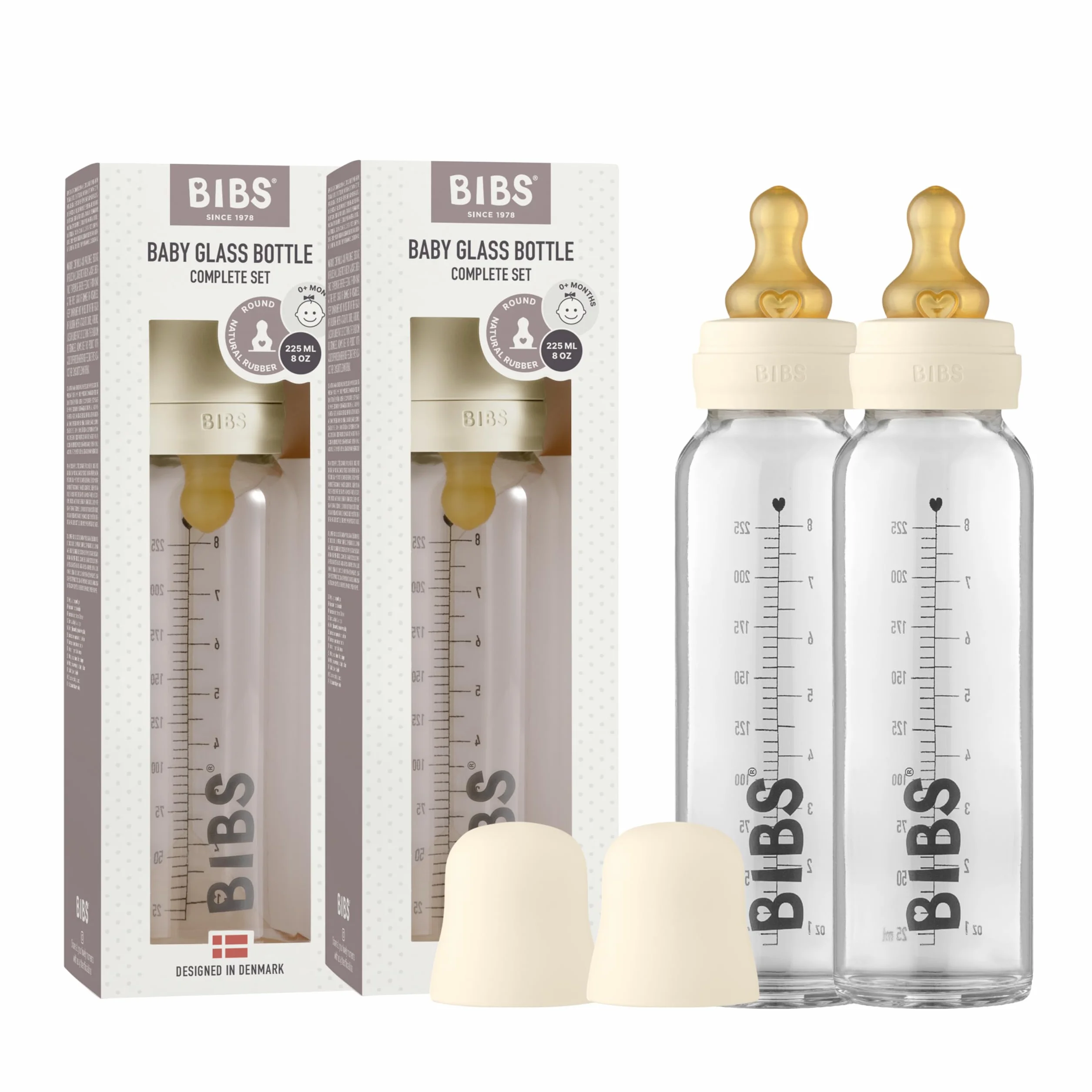 Biberon in vetro BIBS. Anti-coliche. Set di 2. Tettarella rotonda in lattice di gomma naturale. Favorisce l'allattamento naturale al seno, Complete Set - 225 ml (Pack of 2), Ivory