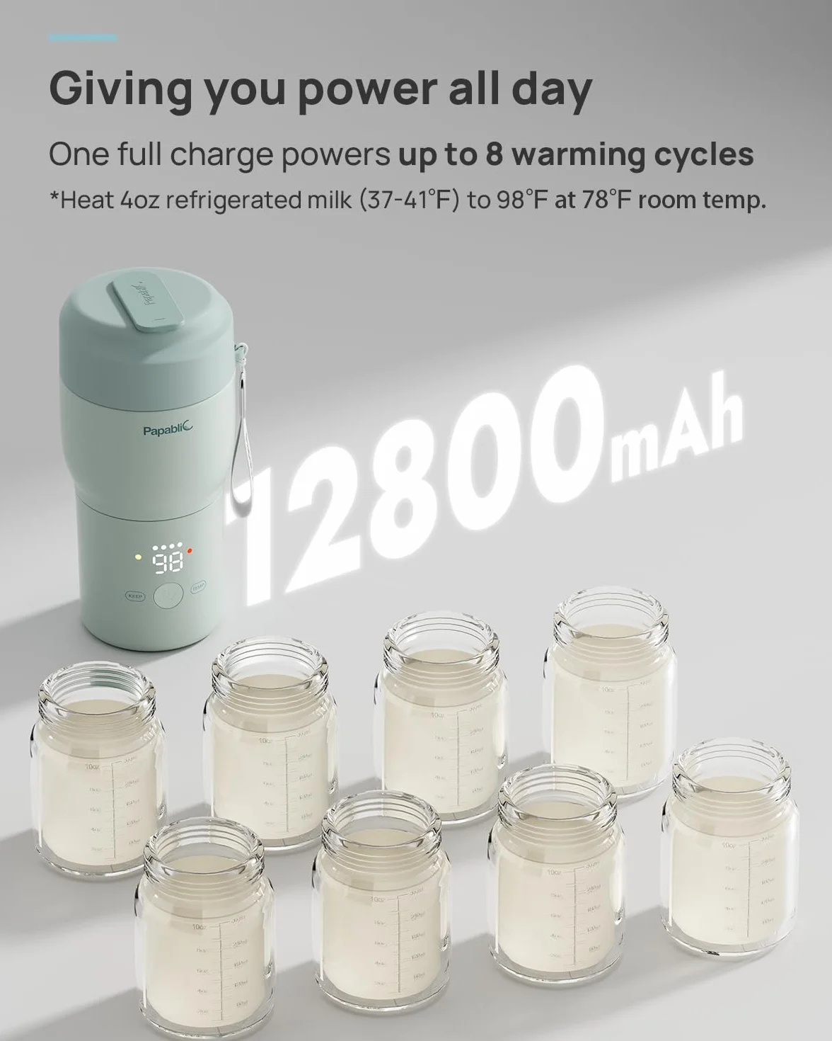 Papablic Scaldabiberon portatile professionale: riscaldamento più veloce da 115 W, sterilizzatore integrato, 8 feed per carica, 5 impostazioni di temperatura e mantenimento in caldo per latte materno