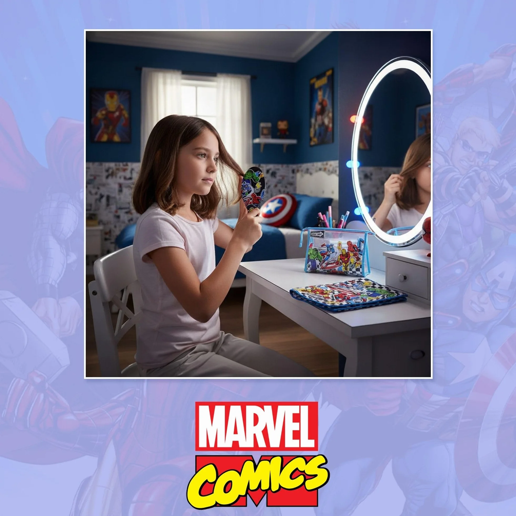 Set di spazzole per capelli per bambini Marvel Avengers con asciugamano e custodia trasparente - Borsa per la cura personale Avengers e accessori originali dei supereroi