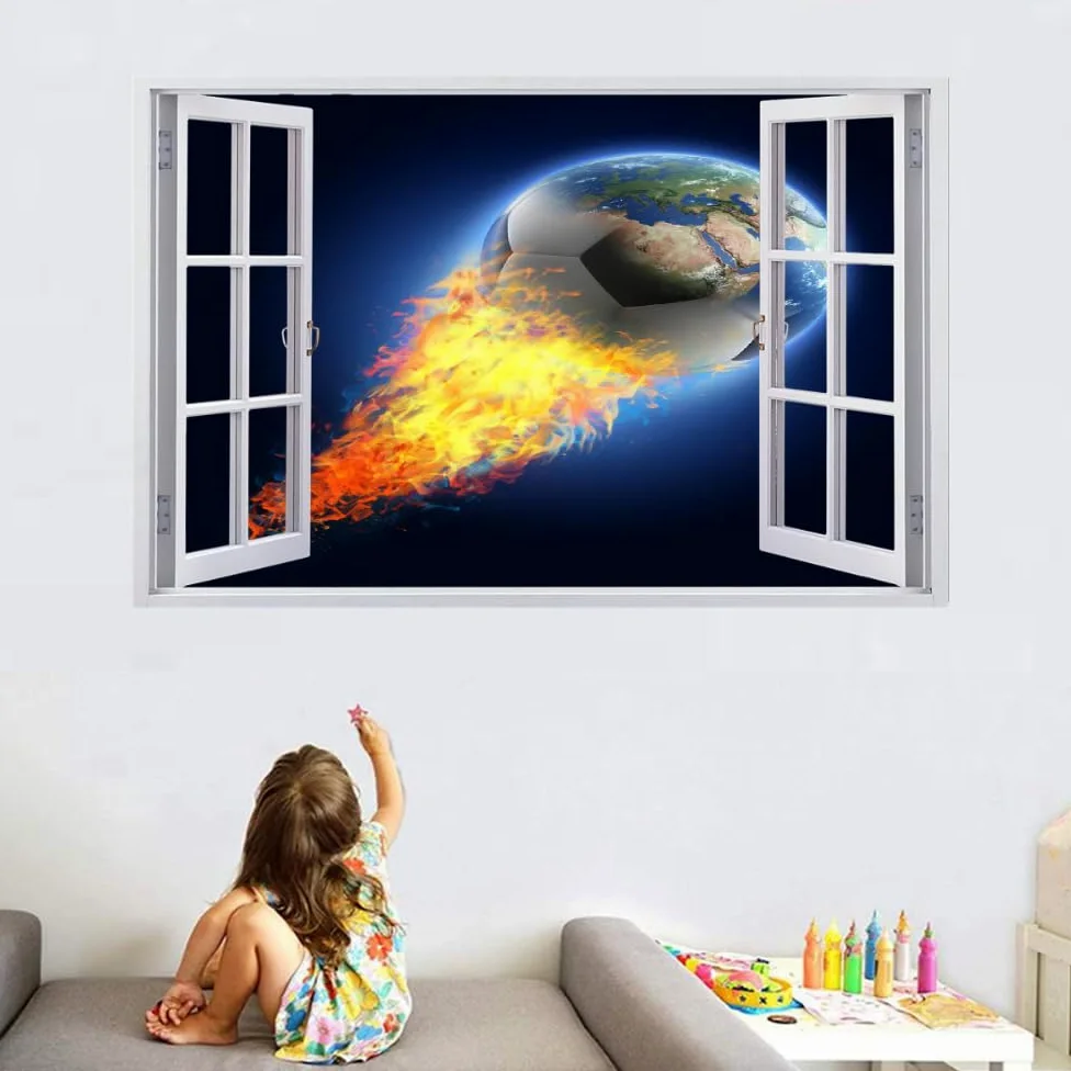 Adesivi 3D Per Decorazioni Murali Distrutti Calcio Adesivo Da Parete Fuoco Astratto Tatuaggio Da Parete Per La Decorazione Della Parete Della Cameretta Dei Bambini 120x80cm