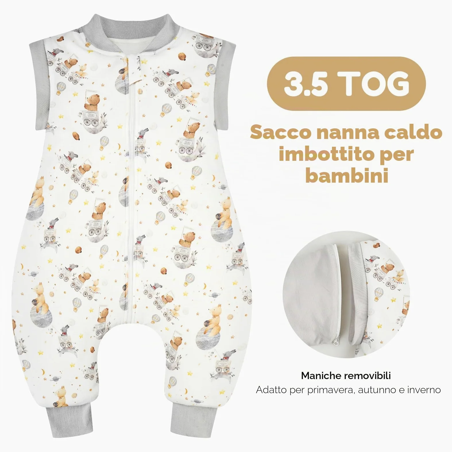WYTbaby Sacco Nanna con Piedini 3.5 Tog per Bambini, Sacco Nanna Inverno Addensato con Maniche Rimovibili in Cotone, Sacco a Pelo per Neonati e Bambini Piccoli, Ragazzi e Ragazze