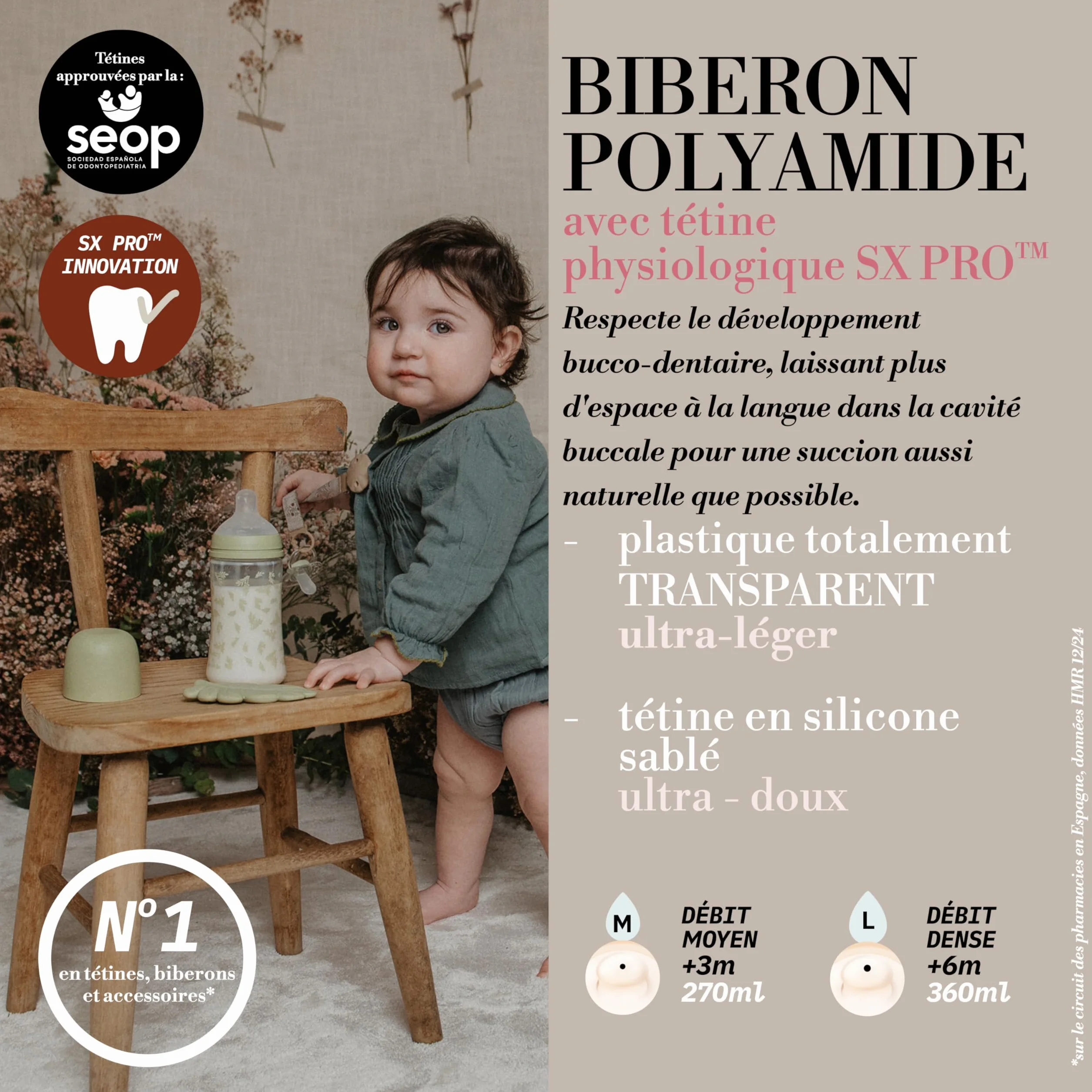 Suavinex, biberon da 270 ml, con tettarella fisiologica SX Pro in silicone, valvola anticolica, flusso medio (M), per liquidi a media densità, latte, succhi o acqua. Neonati +3 mesi. Poetry, Rosa