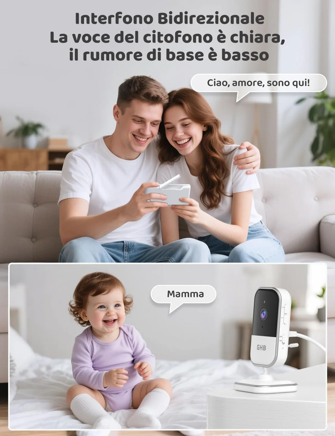 GHB Baby Monitor Video e Audio 5" 720P HD 5000mAh IPS Schermo, Telecamera Bambini con Monitor VOX Visione Notturna Rilevamento della Temperatura