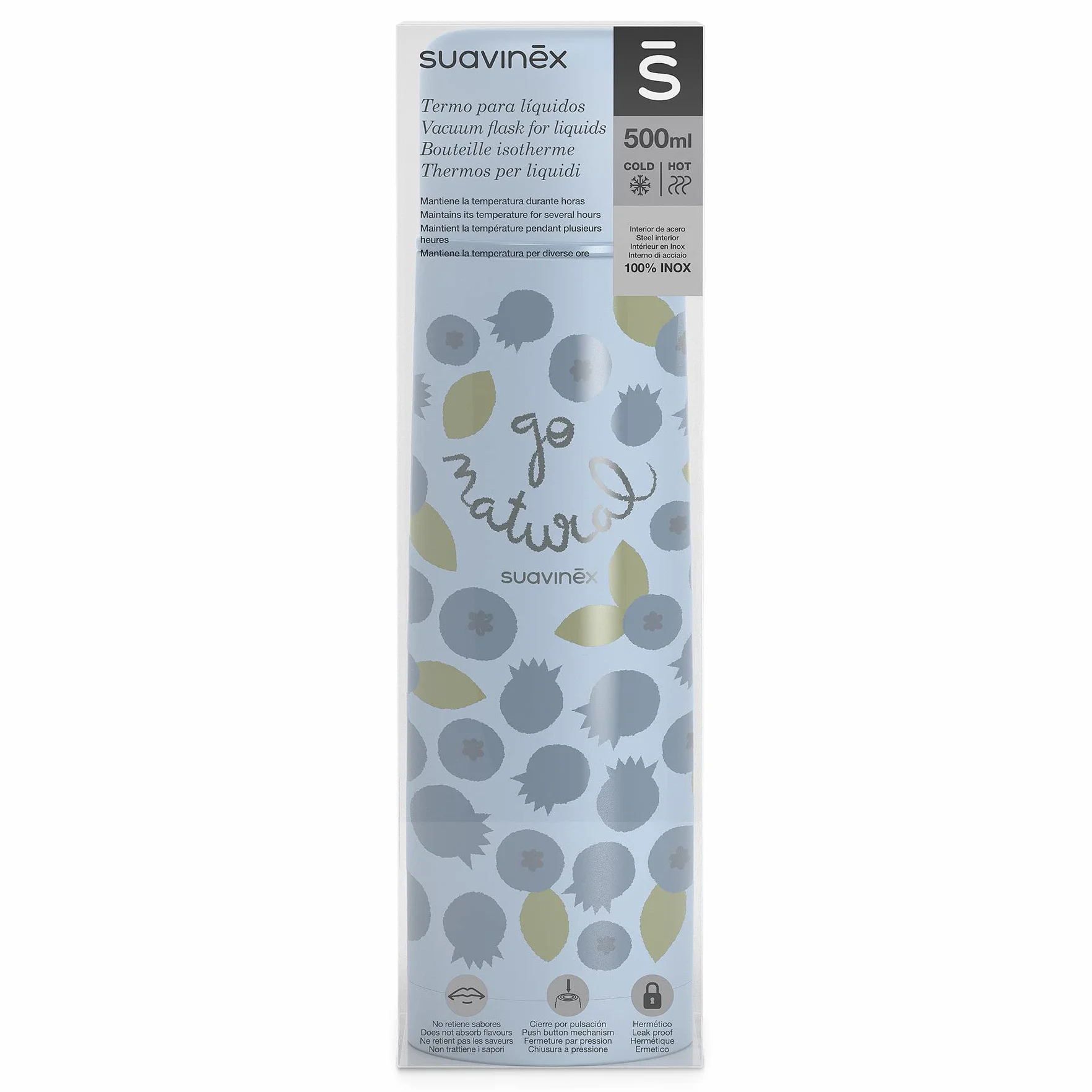 Suavinex, Thermos liquido per bebè, in acciaio inox, con chiusura ermetica, per bevande calde e fredde, 500 ml, motivo mirtillo, colore blu