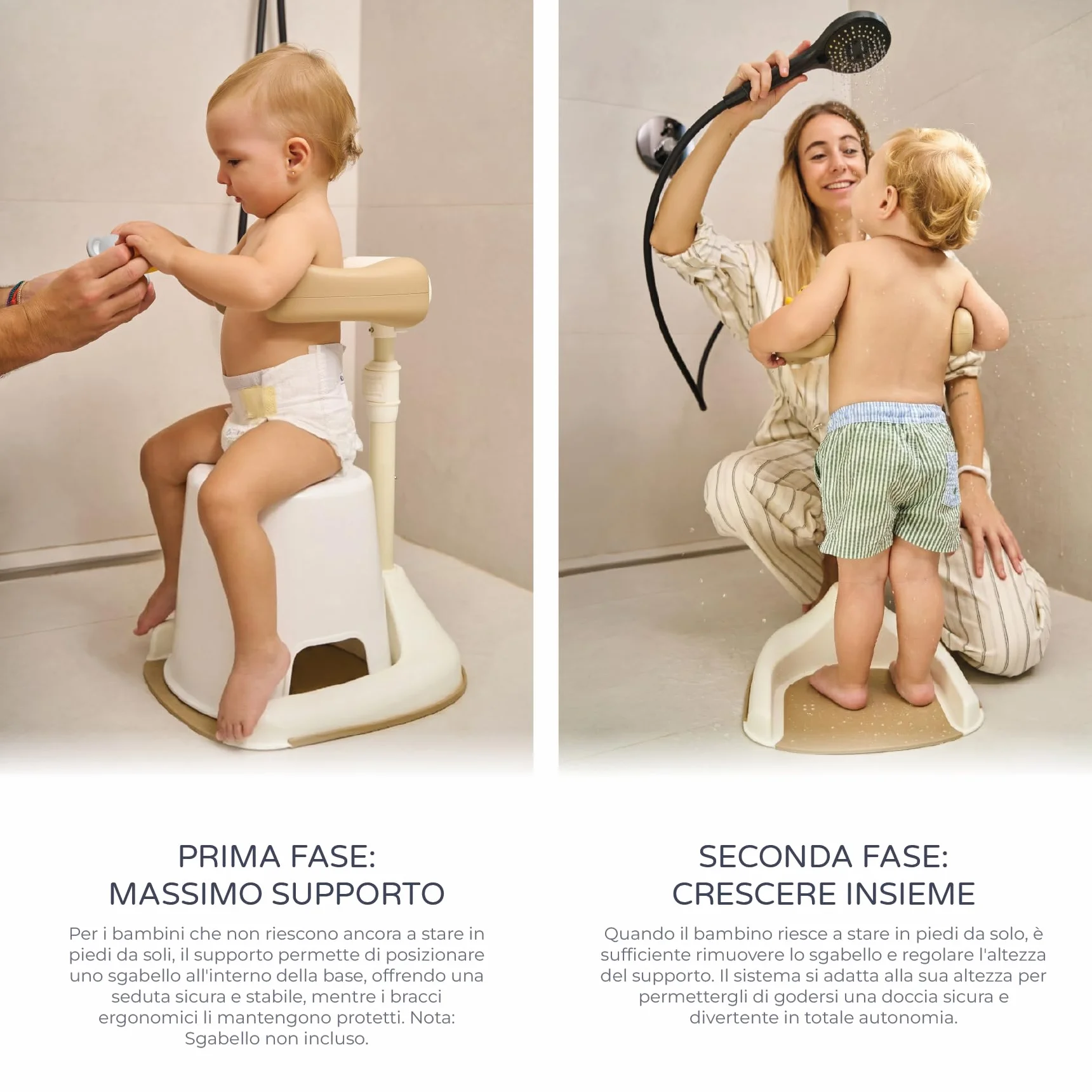 Ms BabyWorld - Supporto per vasca da bagno e doccia, con base antiscivolo, altezza e larghezza regolabile, pieghevole - Torre regolabile per bambinI - Aiuta il passaggio alla doccia in piedi (Grigio)