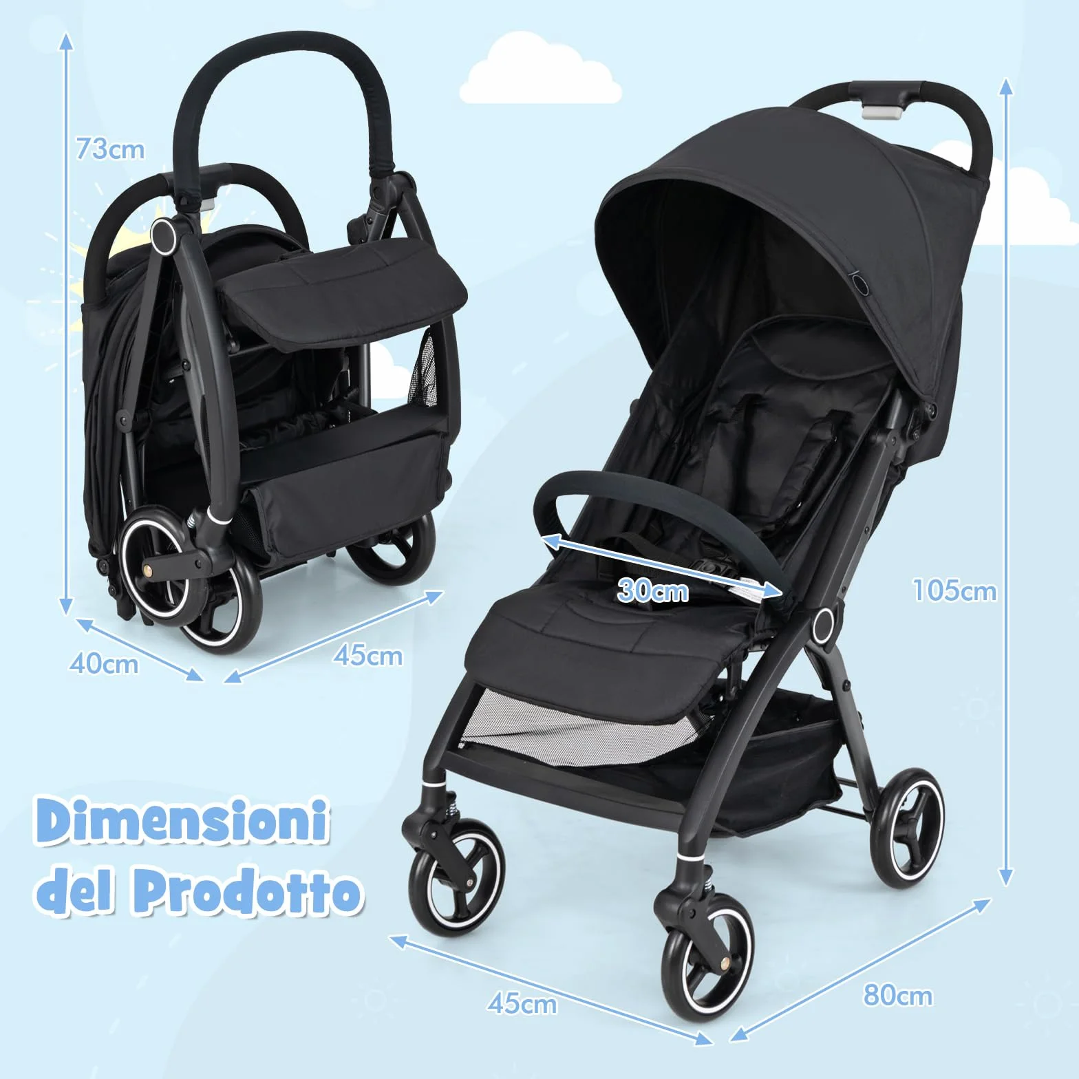 COSTWAY Passeggino Leggero per Bambini, Passeggino Pieghevole con Schienale Regolabile, Tettuccio, Cintura di Sicurezza a 5 Punti, Cestello Portaoggetti, per Bambini 0-36 Mesi (Nero)