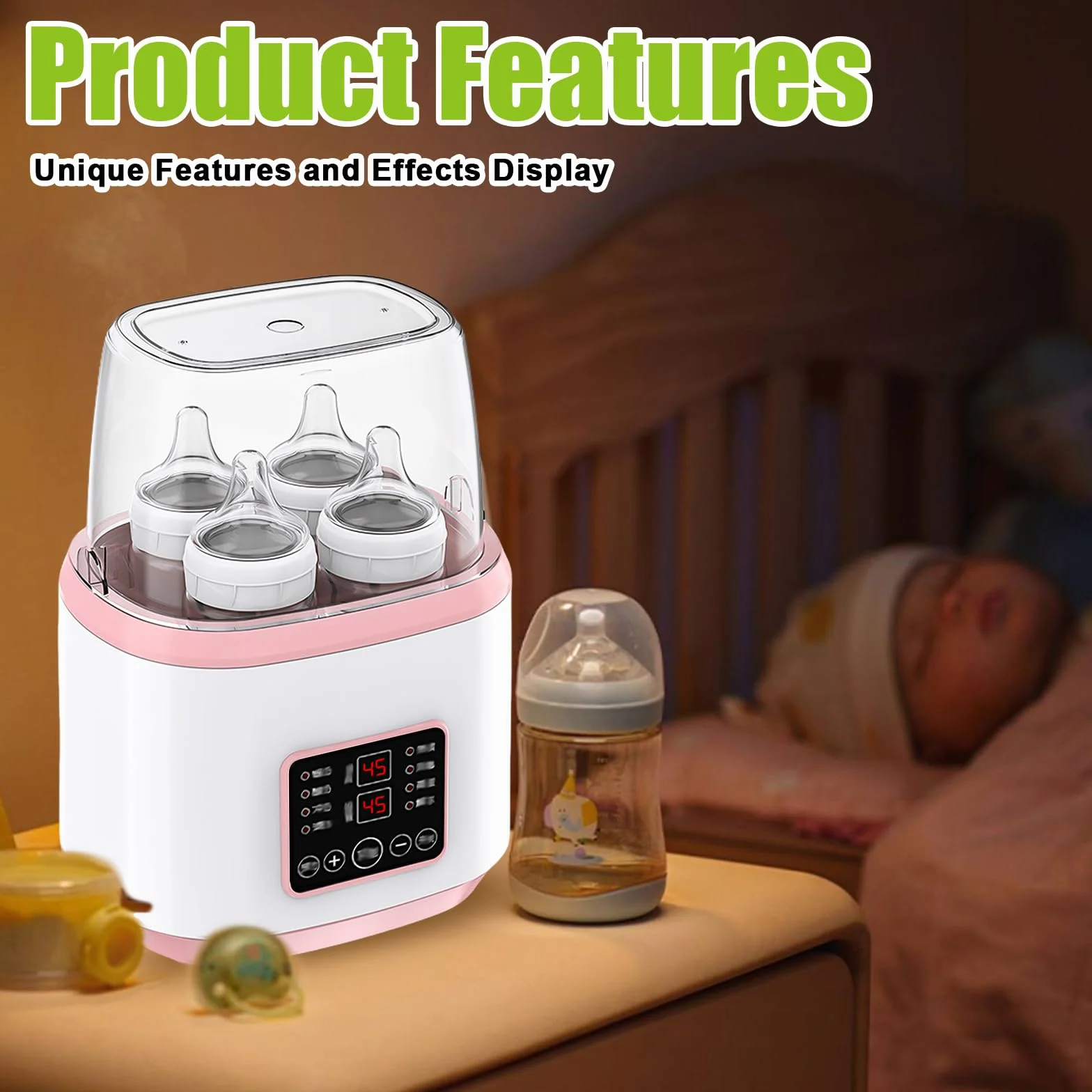 8 in 1 scaldabiberon, sterilizzatore per biberon, scaldabiberon rapido per neonati, scaldabagno e sbrinamento con display LCD, senza BPA, rosa