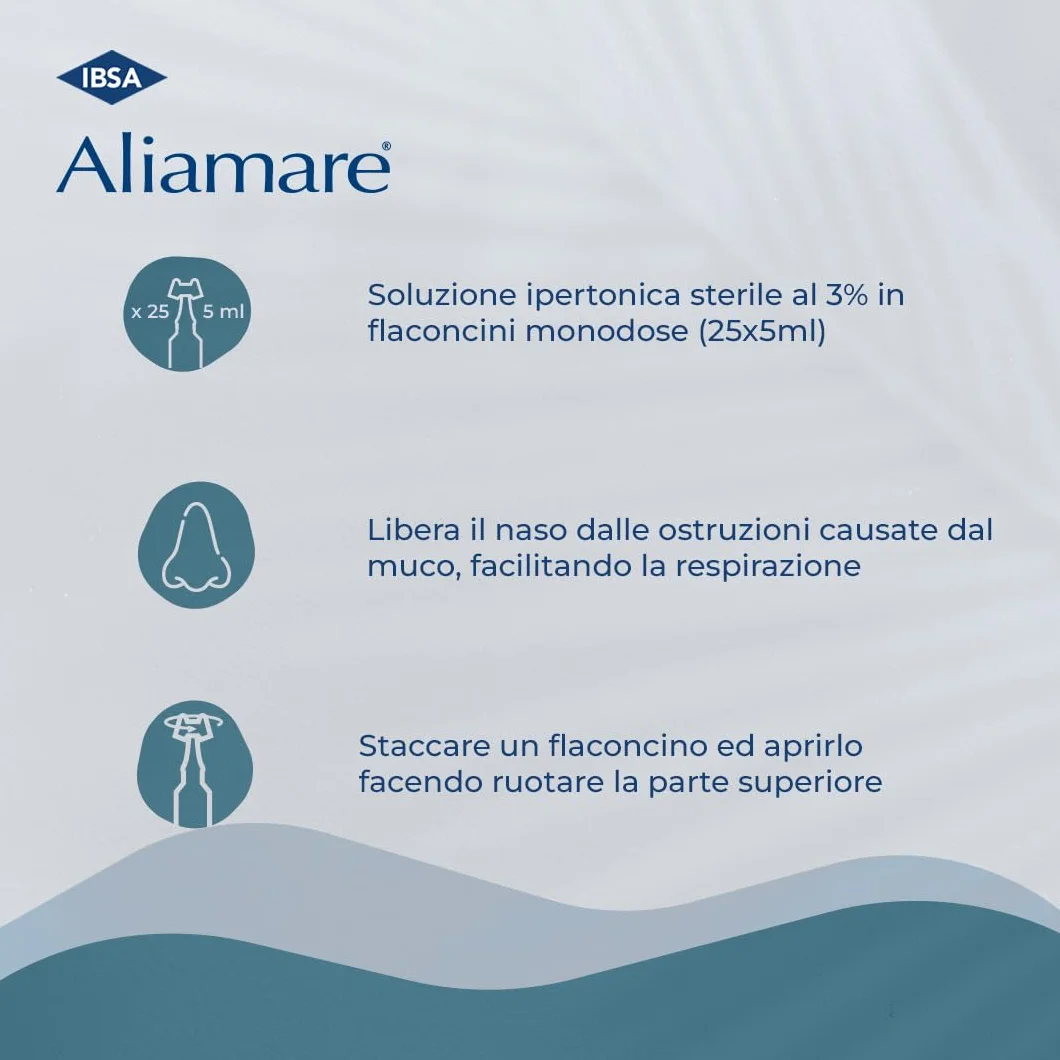 IBSA Aliamare Iper – 25 Flaconcini Monodose | Soluzione Ipertonica (3%) di Acqua di Mare. Decongestiona Il Naso e Fluidifica Il Muco
