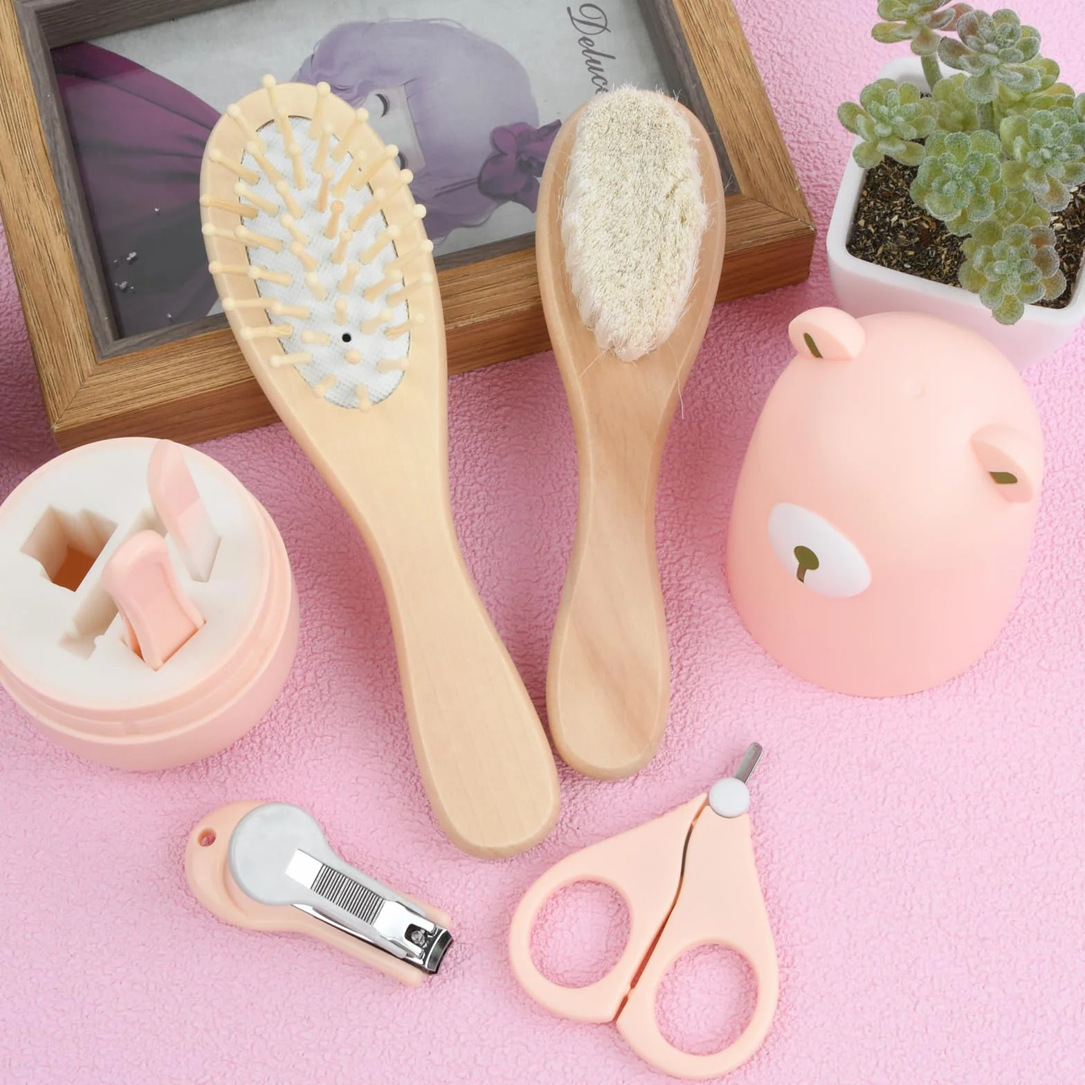 Set Manicure e Pedicure per Neonato, Kit Igiene e Cura Bambini 6 Pezzi, Cortaunghie con Spazzola e Pettine per Neo Genitori (Rosa)