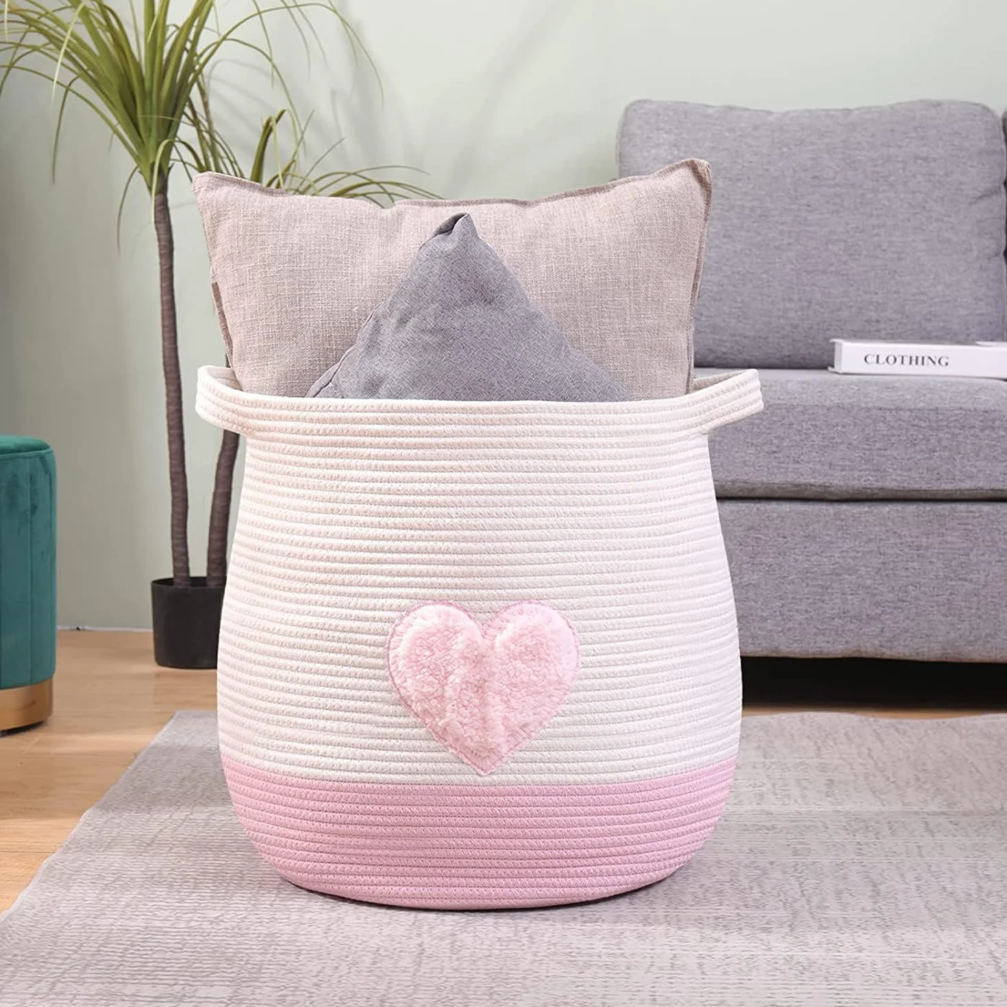 Grande cesto in corda di cotone, cestino portaoggetti per giocattoli, organizer per biancheria e coperte, cesto regalo rotondo con manici per cameretta dei bambini, D45 x 43 cm, prodotto