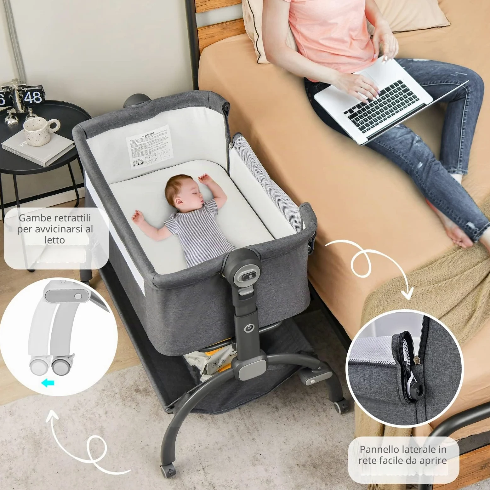 RELAX4LIFE Culla Neonato Fianco Letto, con Materasso, Zanzariera Cinghia Fissaggio, Regolabile In Altezza 7 Posizioni, Borsa di Trasporto, per Bambini 0-6 Mesi fino a 9kg (Grigio1)