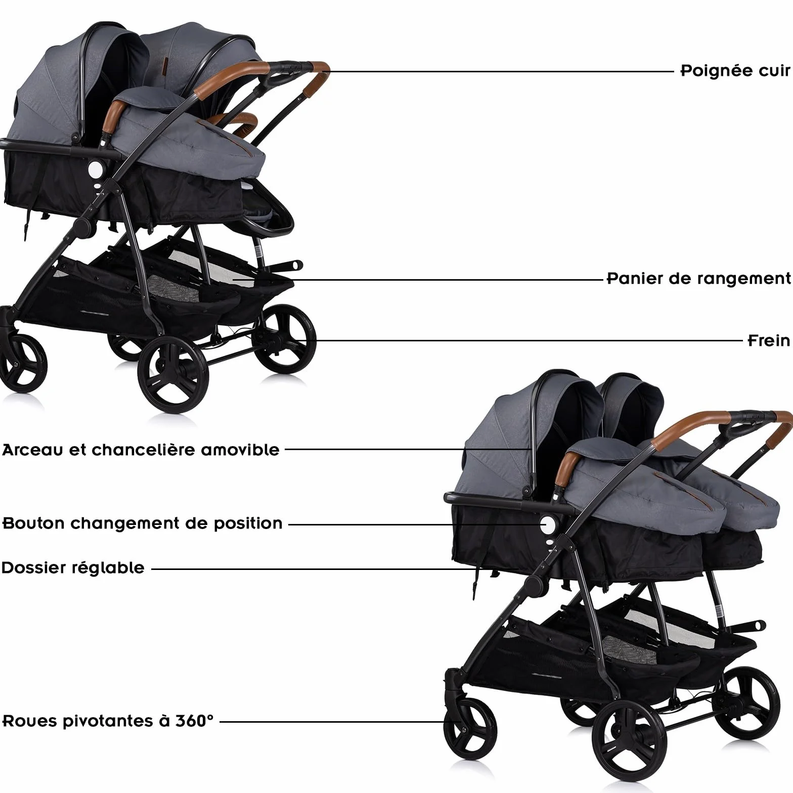 DUO SMART Passeggino gemellare o per bambini di età vicina, larghezza 79 cm, colore grigio senza cosy