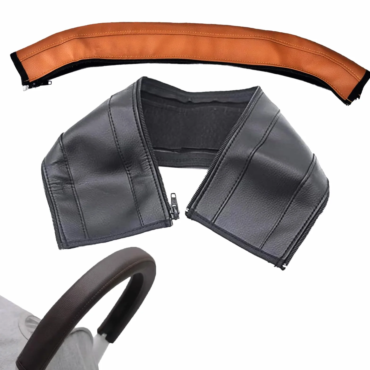 2PCS Copri Maniglia Passeggino Marrone, Copri Maniglie per Carrozzina in Pelle di Pu, Protezione Della Maniglia Per Carrozzina,Impermeabile,Impugnatura Antipolvere Copertura-Marrone+Nero