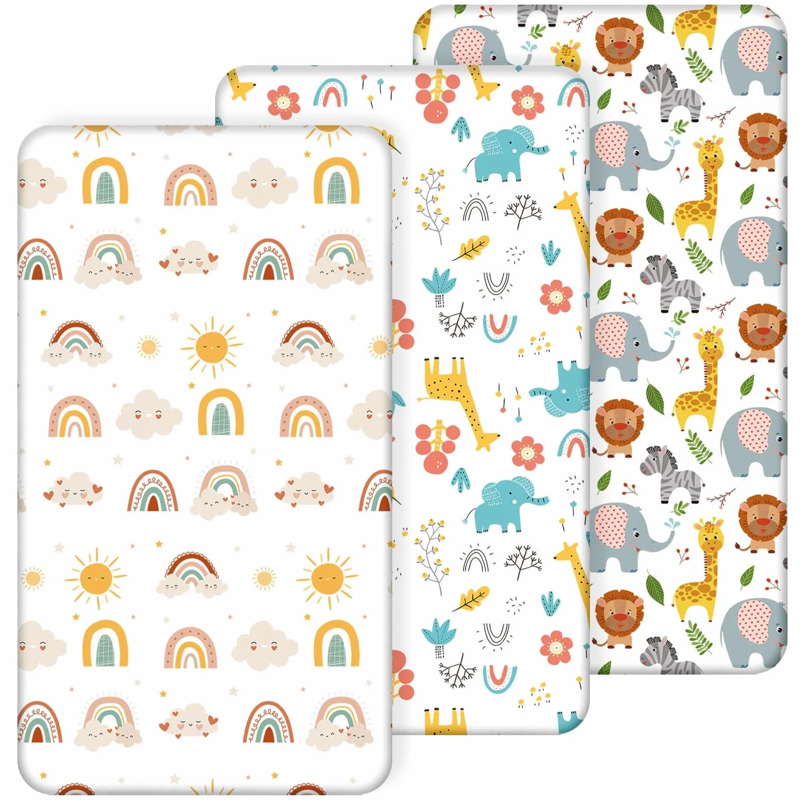 Aolso Lenzuola con Angoli per Passeggino Set, 3 PZ 120 * 60 cm, Lenzuola con Angoli Elasticizzate in Morbida e Setosa, Per Culla Co-sleeping, Lettino, Bimbo e Bimba - Arcobaleno