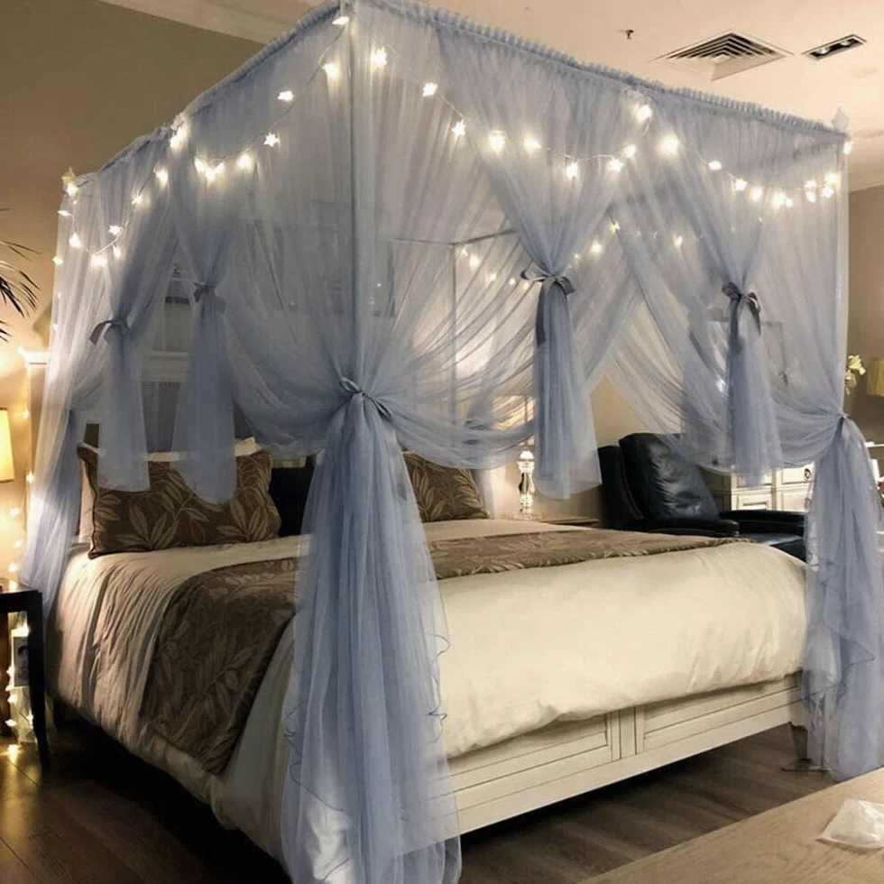 Lussuosa tenda a baldacchino grigia a 4 angoli, 2 x 2,2 x 2 m, elegante zanzariera per letti dei bambini, decorazione per camera da letto, aggiunge privacy e stile