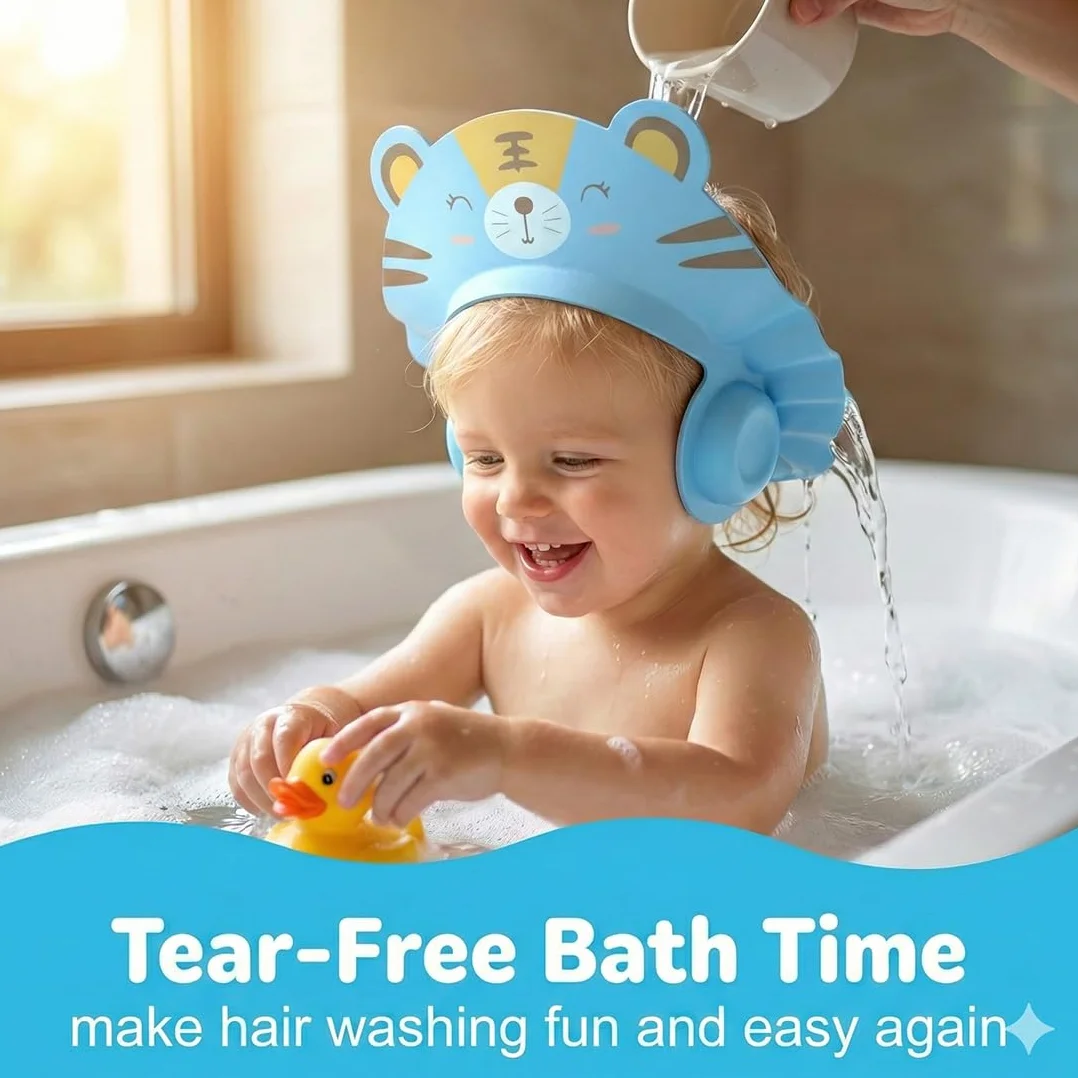 2 Pezzi Cappello Doccia Bambini, Visiera Doccia Bambini, cuffia per shampoo regolabile per bambini, scudo per il lavaggio dei capelli, Bambini Regolabile Doccia Cap per Protezione (Tigre).