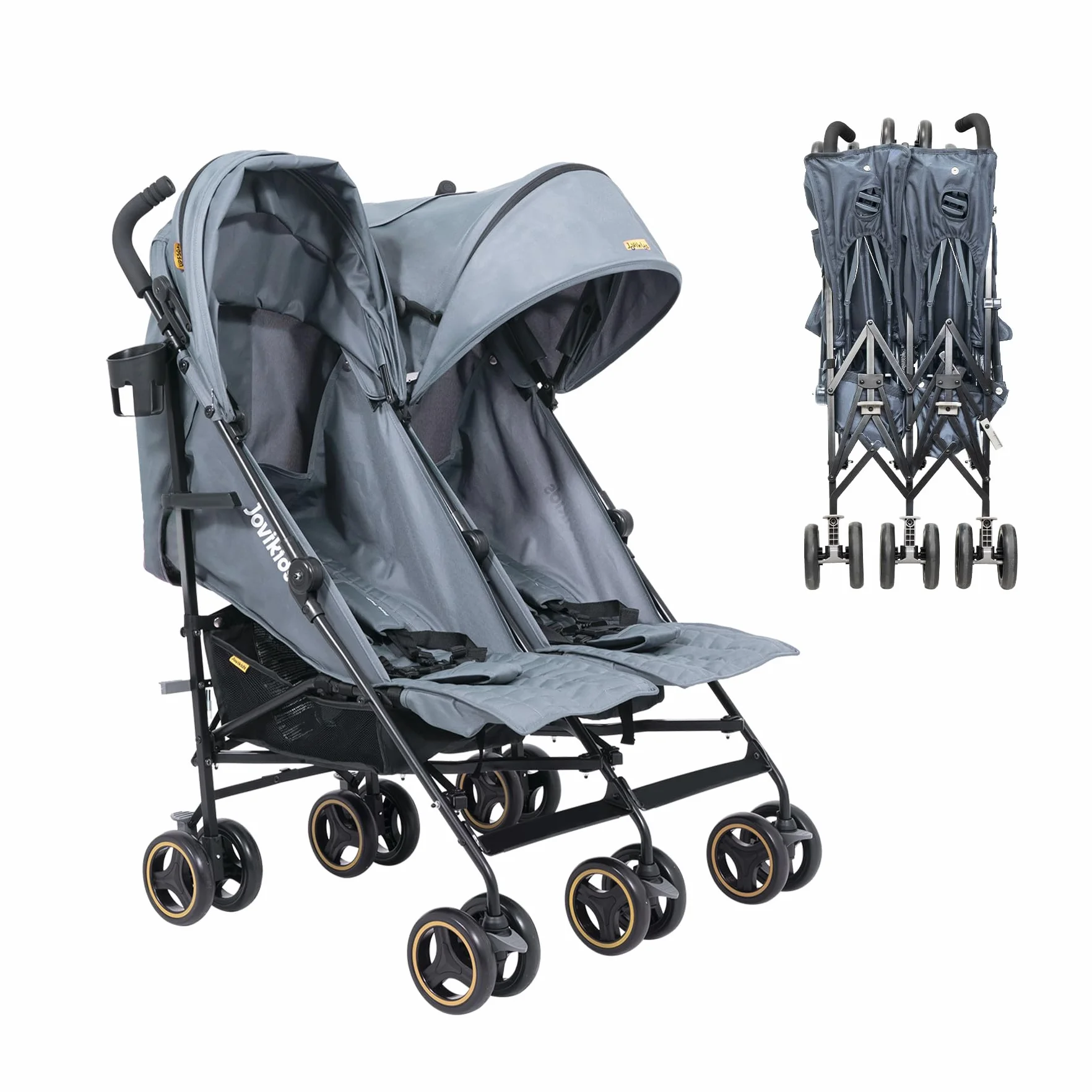 Jovikids Passeggino Gemellare Leggero per Bambini 0-36 Mesi, Doppio Passeggino per Gemelli/Fratelli fino a 15 kg, Cappottina Estesa, 5 Punti di Sicurezza, 2 Grandi Cestini (Grigio)