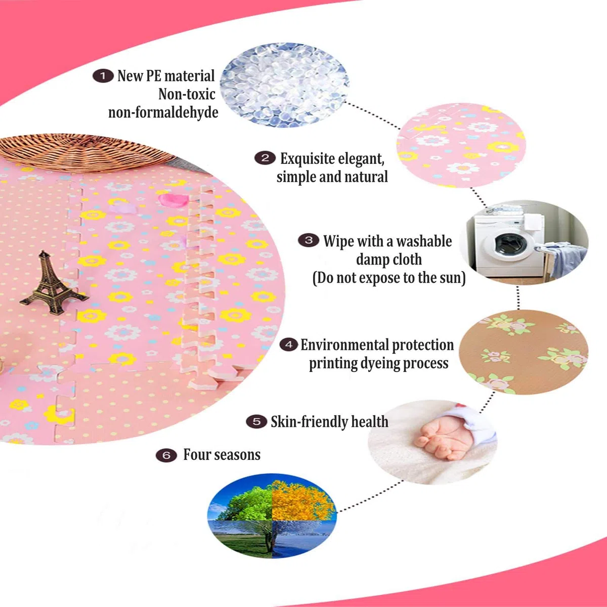 Tappetini da Gioco per Bambini in Schiuma Eva, Tappetino da Gioco in Schiuma per Bambini - Perfetto per Protezione del Pavimento, Garage, Esercizio Fisico, Yoga, Sala Giochi,Brown+Pink,6