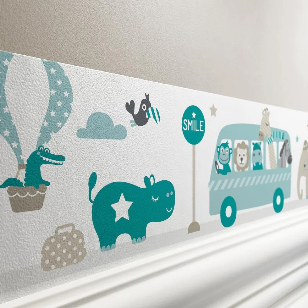 bordo autoadesivo, 450 x 11,5 cm, con motivo di escursione degli animali, beige-menta-turchese