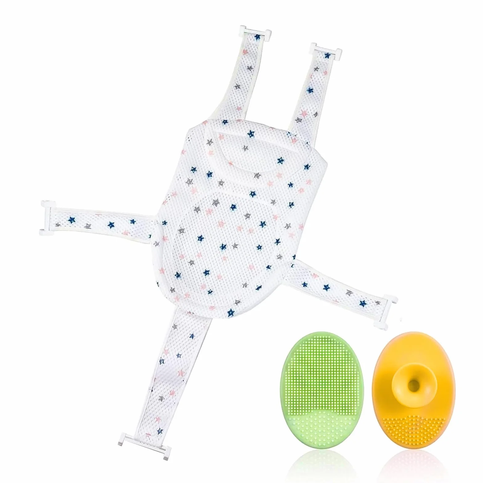 1 pezzo Cuscino Bagnetto Neonato, Cuscino da bagno regolabile, Due spazzole per shampoo incluse, Tappetino da bagno galleggiante per bambini (6-24 mesi) (Stella)