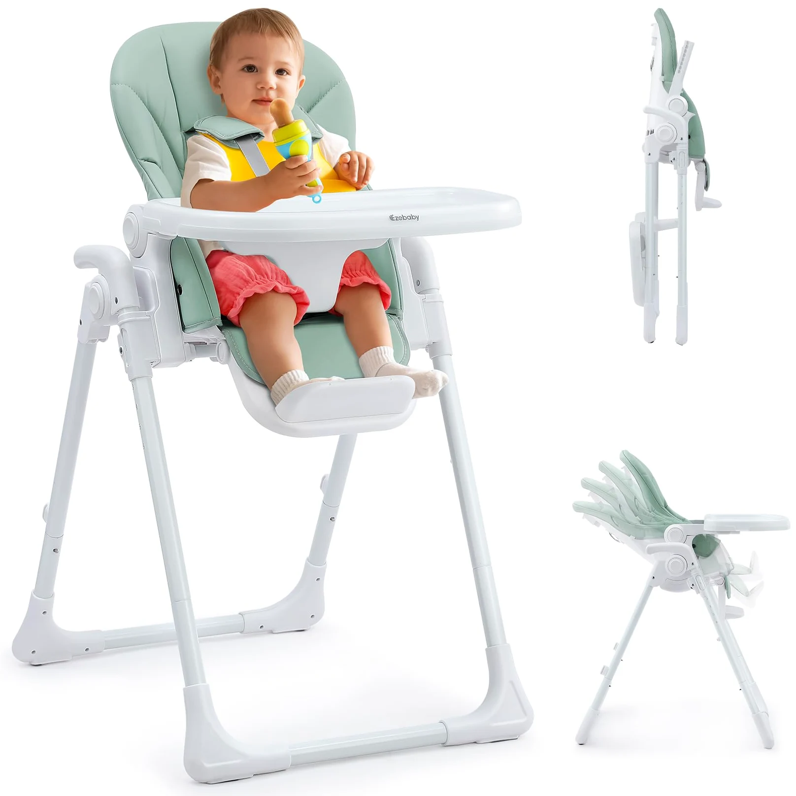 Ezebaby Seggiolone Bambini Ergonomico, Confortevole, Reclinabile, Pieghevole, con Altezza Regolabile e Poggiapiedi, Vassoio Staccabile con Ruote e Cintura di Sicurezza a 5 Punti Verde | 7 altezze, schienale reclinabile, doppio vassoio, cintura a 5 punti,