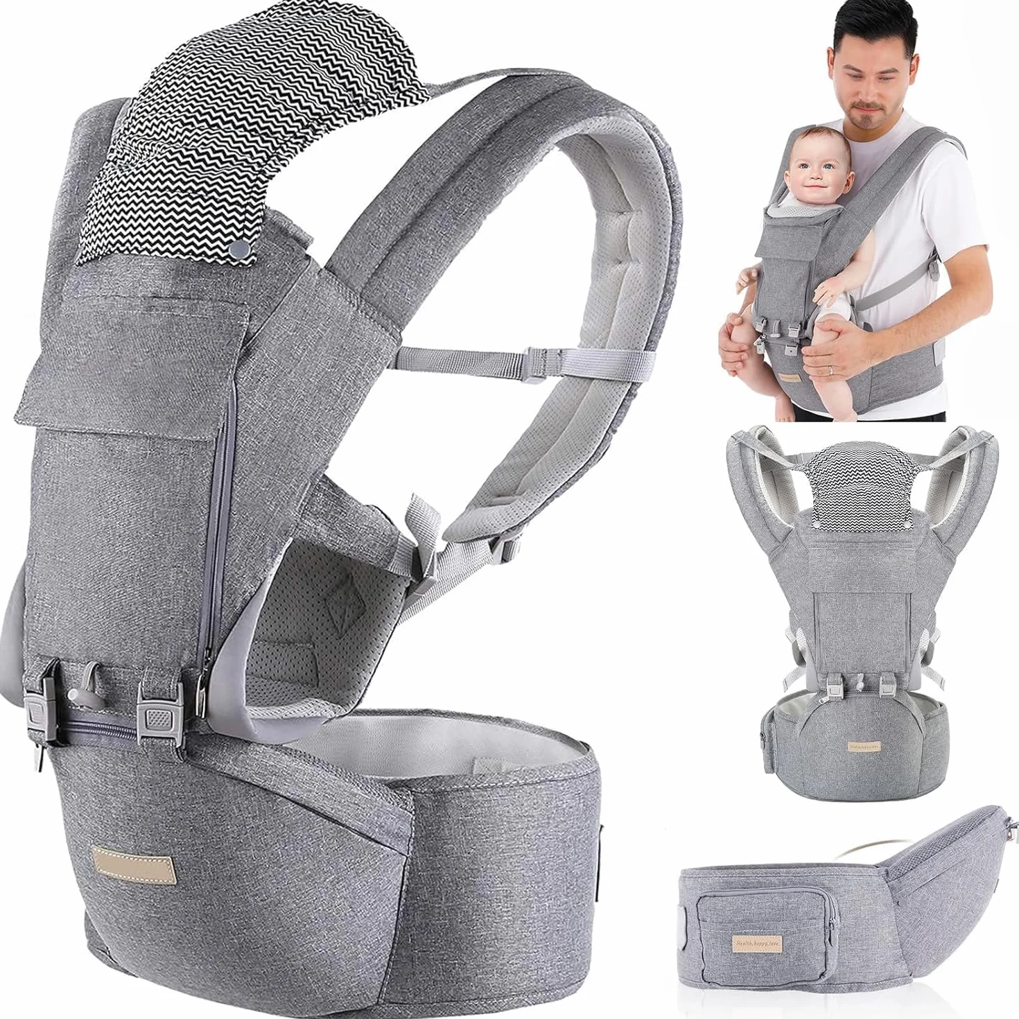 Fascia Neonato, 9-in-1 Regolabile Marsupio Neonati Ergonomico, Confortevole e Leggero, Sedile con Supporto Lombare, Marsupio Bambino da 0-36 Mesi, Ideale per Genitori a Mani Libere, Grigio