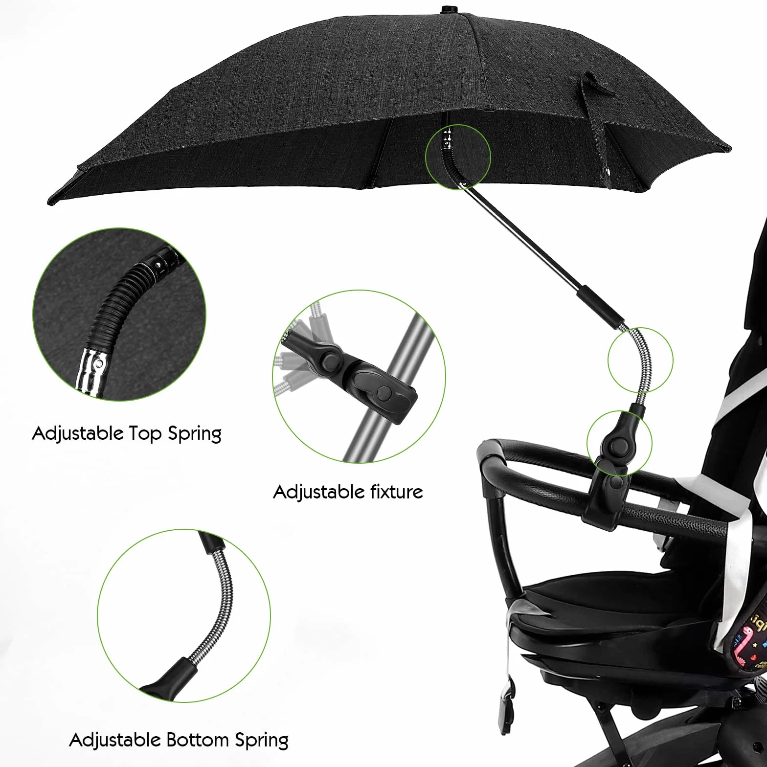 Ombrellino Parasole Universale, Ombrellino per Passeggino e Carrozzina, Protezione Anti UV 50+, Diametro 78 cm, con Supporto Universale, Fissaggio per Tubo Rotondo o Ovale, Nero