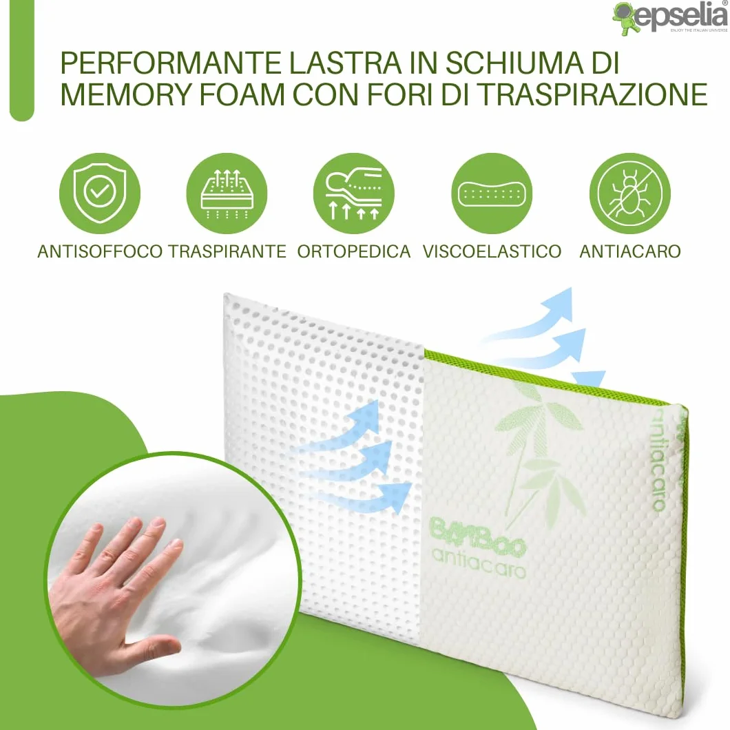 EPSELIA Cuscino Lettino per Bambini Memory Foam in BAMBU' BIO cm 60x40 H6 Antisoffoco Ergonomico, Anallergico e Traspirante tessuto Air 3D, Cuscino Asilo o Viaggio Sfoderabile, CertiPUR™ OEKO-TEX®