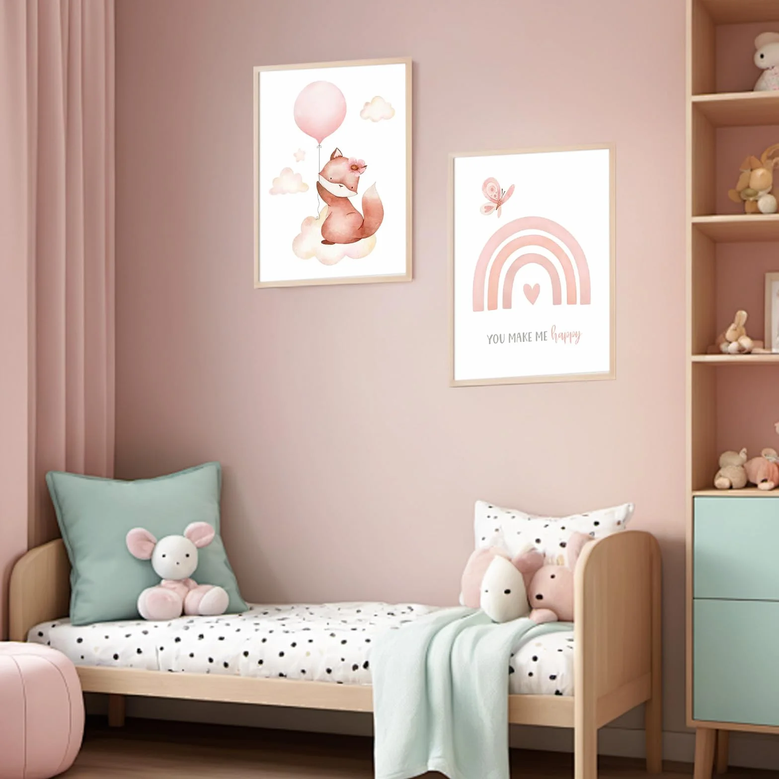Eclove Set di 4 Poster per Cameretta Bambini - Animali ad Acquerello con Volpe Rosa & Giraffa, Decorazione Murale per Nursery e Cameretta di Bambina, Senza Cornice (21x30 cm A4)
