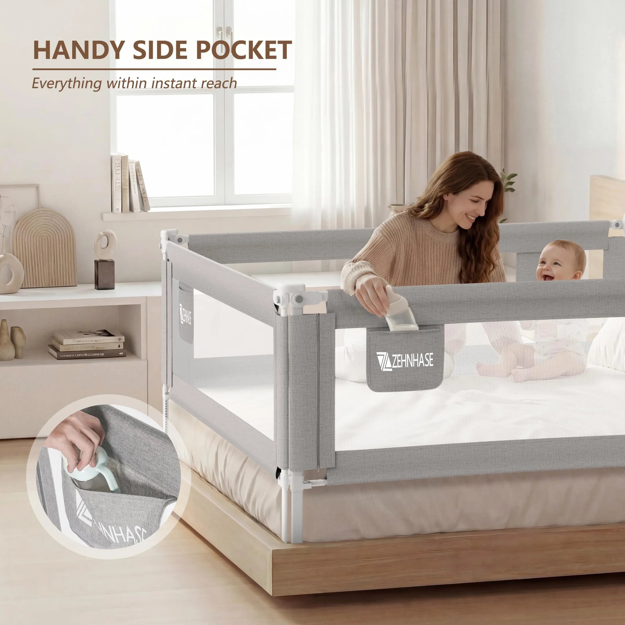 Sponda letto bambini extra alta e traspirante, barriera per letto con sollevamento verticale, blocco di sicurezza, tasca e facile montaggio (190cm, grigio, 1lato)