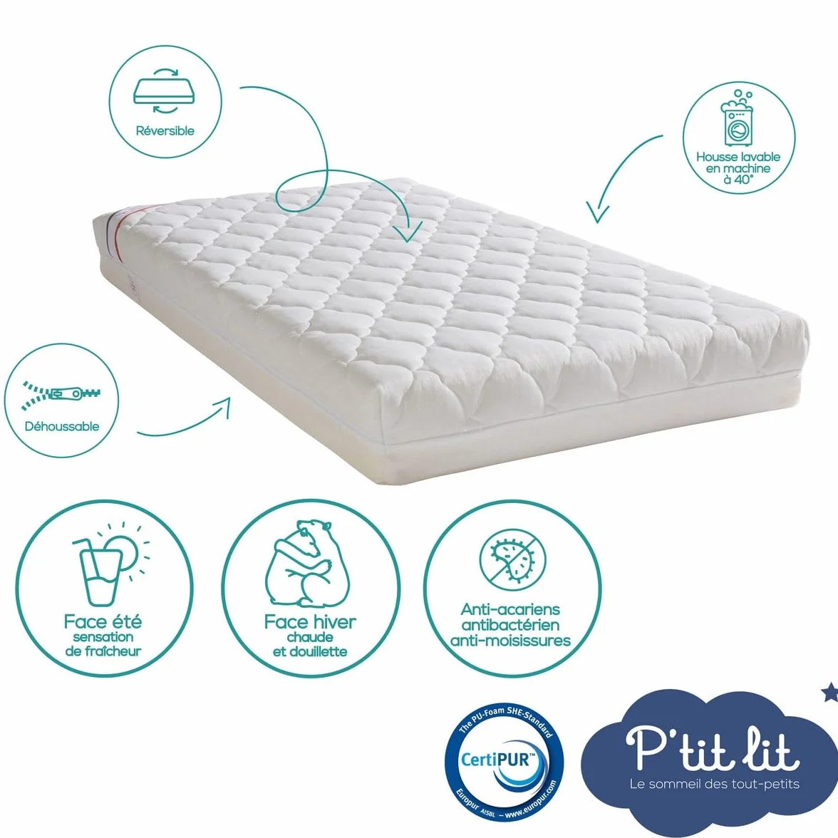 P'tit lit, Materasso Lettino Climatizzato, 60x120 cm, 1 Lato Estivo/ 1 Lato Invernale, Anti Acari, Sfoderabile, Oeko Tex, Fabbricazione europea