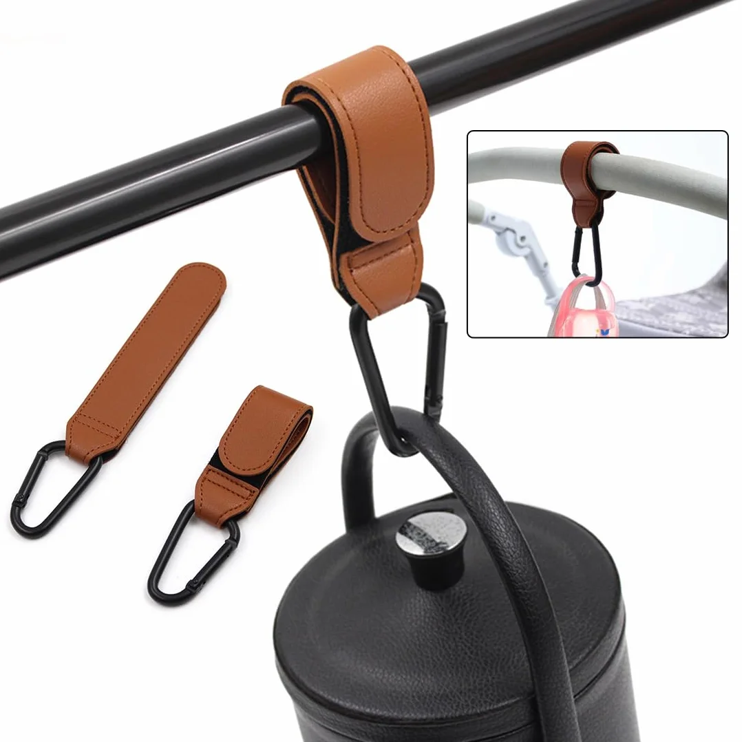 2 Pezzi Ganci Passeggino, Pelle Ganci, Gancio per Borsa Spesa, Ganci per Passeggino Universale, Moschettoni per Carrozzina, Per Carrozzina Bici Auto Carrello Appendi Sacchetti (Marrone/scuro)