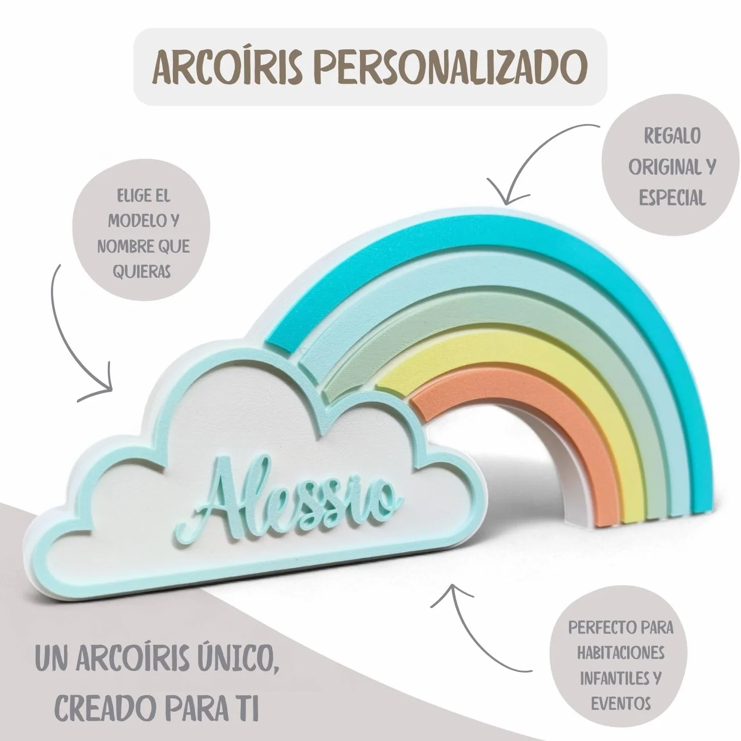 Arcobaleno con nome personalizzato. Diversi modelli tra cui scegliere. Regalo per neonati e bambini. Decorazione per baby shower e caramelle, per la cameretta dei bambini e la cameretta