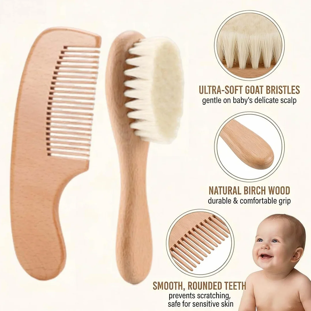 2 Pezzi Spazzole Neonato per Capelli e Serie di Pettini per Neonati - Spazzole in Legno Naturale con Setole di Capra Morbide - Regalo Perfetto per la Doccia per il Bambino