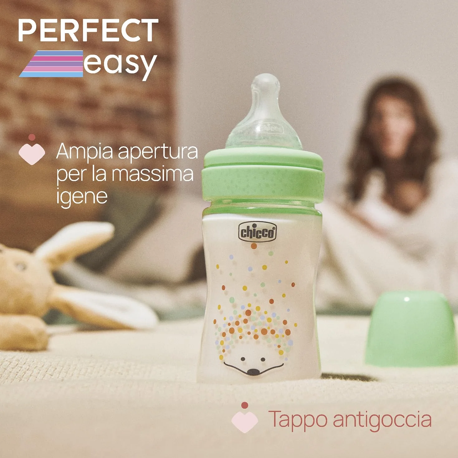 Chicco Biberon Perfect Easy Flusso Lento, con Tettarella Physio in Morbido Silicone e Finitura Soft Sense, Anticolica, Riduce Rigurgito e Irritabilità, Bottiglia in Vetro da 150ml, 0 Mesi+, Neutro