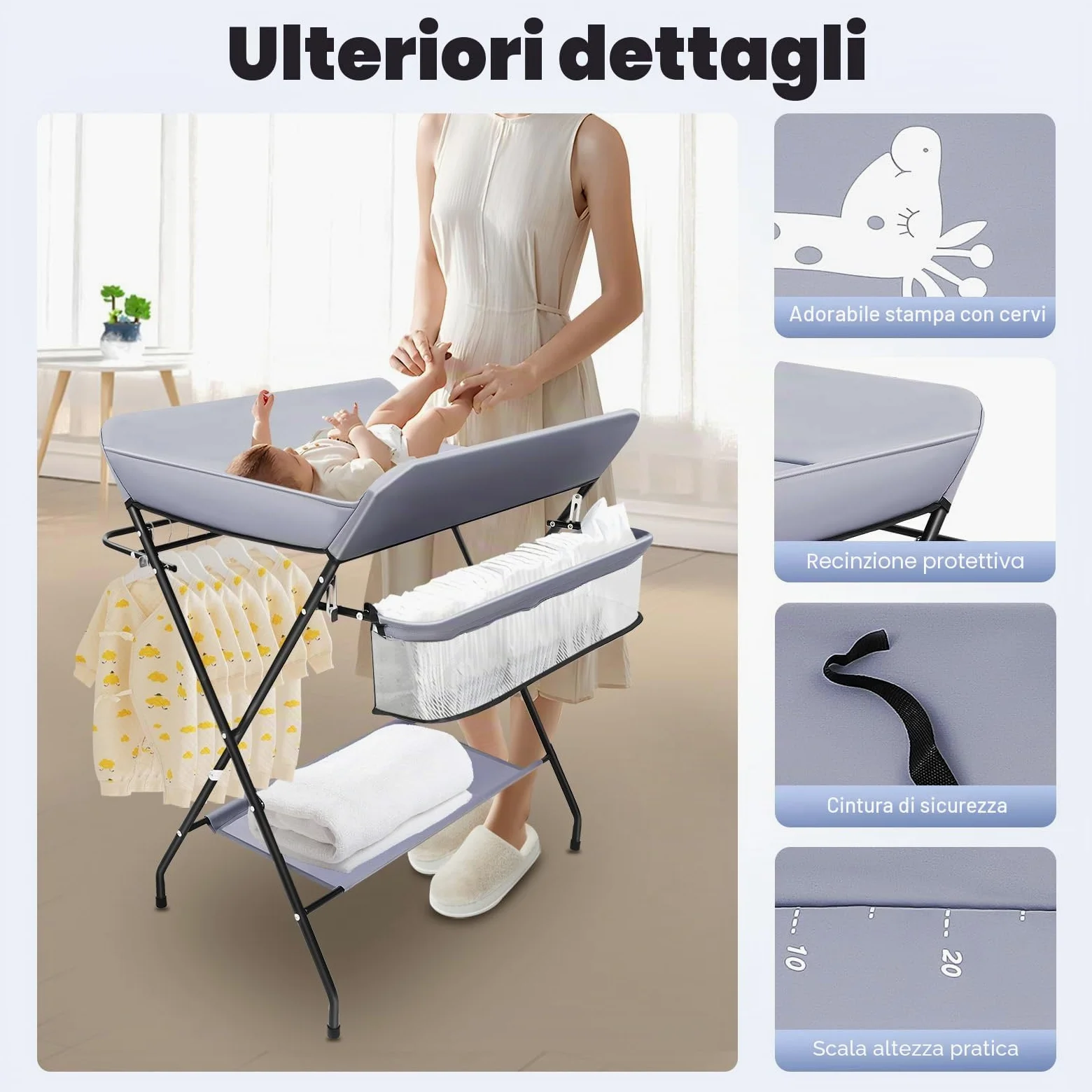 Fasciatoio portatile per bambini, pieghevole, fasciatoio pieghevole, con fasciatoio sottile, cintura di sicurezza e scomparti (grigio scuro)