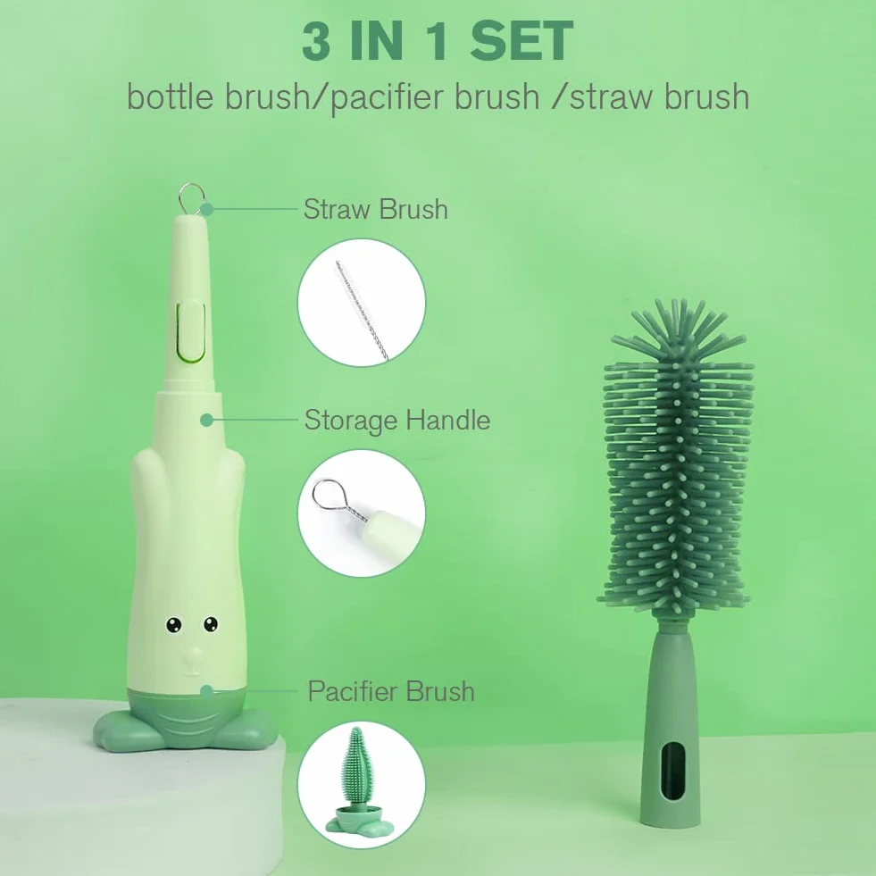 Vicloon Spazzola per Biberon, 3 in 1 Spazzola per la Pulizia di Ciuccio, Scovolino in Silicone per la Pulizia Biberon, Tettarella, Cannucce, Verde