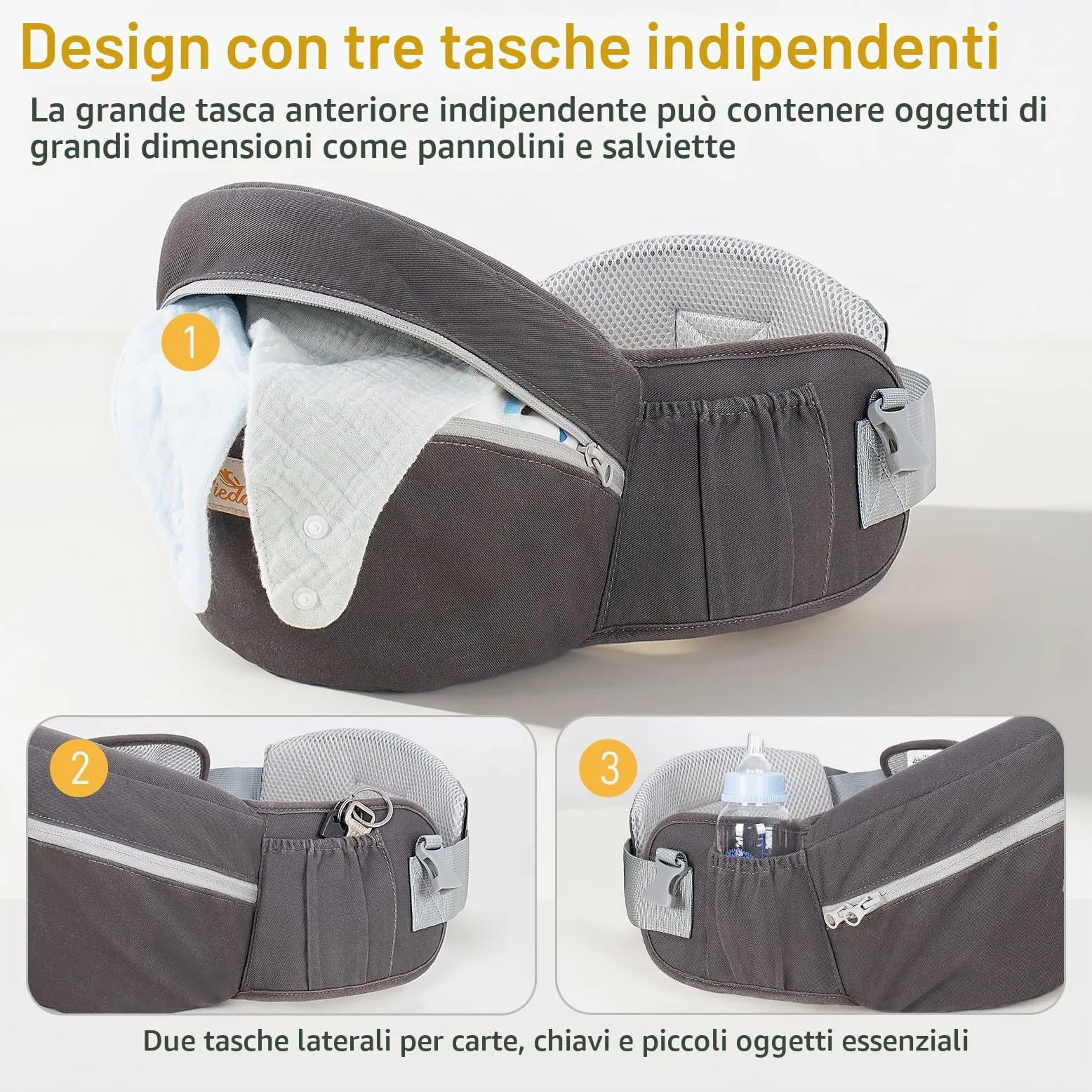 Viedouce Hipseat Marsupio Neonato Ergonomico, Neonati Marsupio Bambino con Cintura di Sicurezza, Leggero e Traspirante per 4-36 Mesi (Grigio Scuro)