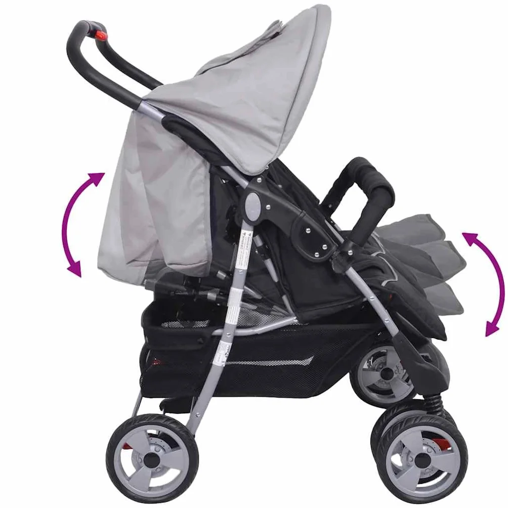 vidaXL Passeggino Gemellare Bambini Regolabile Acciaio Grigio Nero Carrozzina