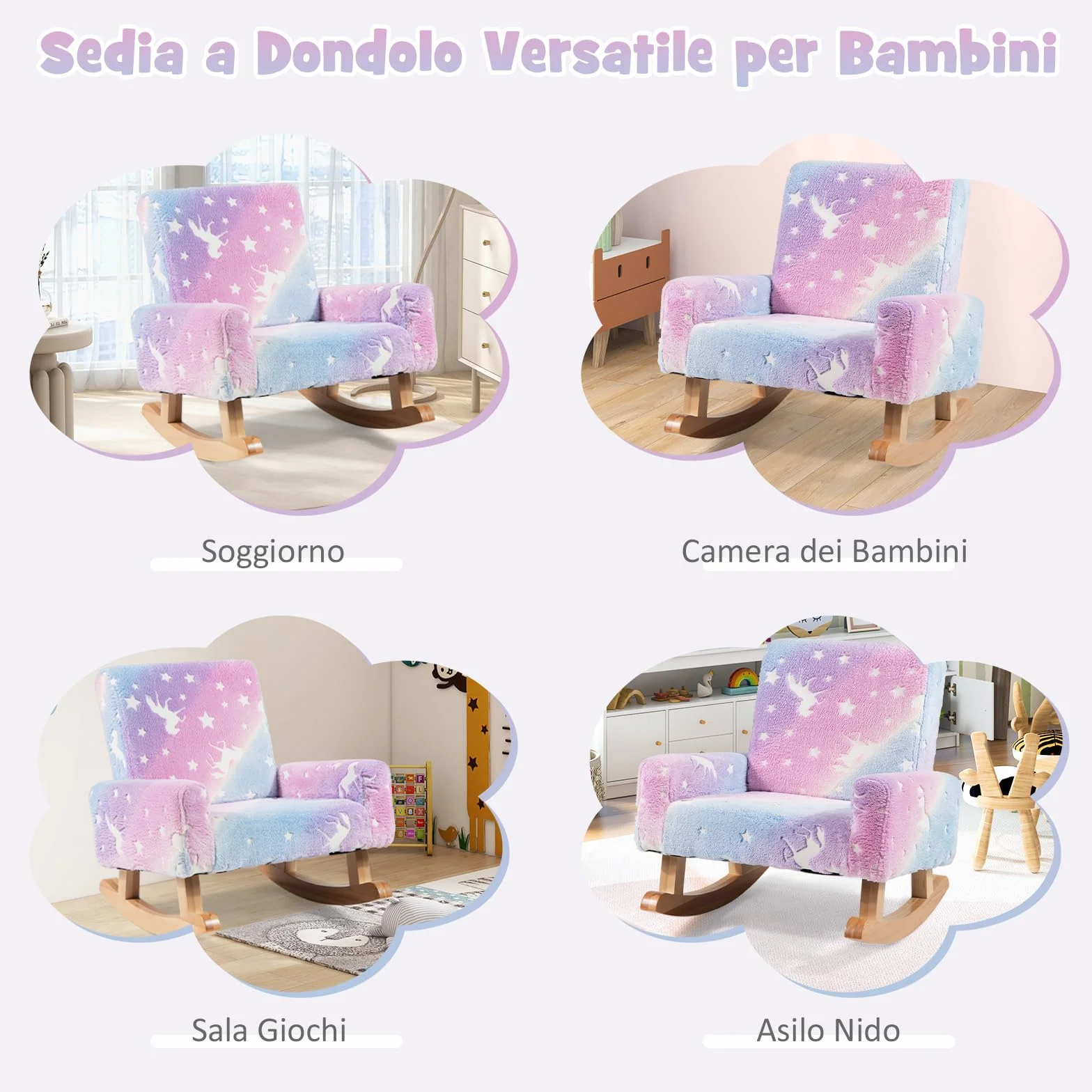 COSTWAY Sedia Dondolo per Bambini da 3 a 5 Anni, Poltrona in Flanella con Piedi a Dondolo in Legno, Motivi che si Illuminano al Buio,56 x 49 x 50 cm, Blu e Viola