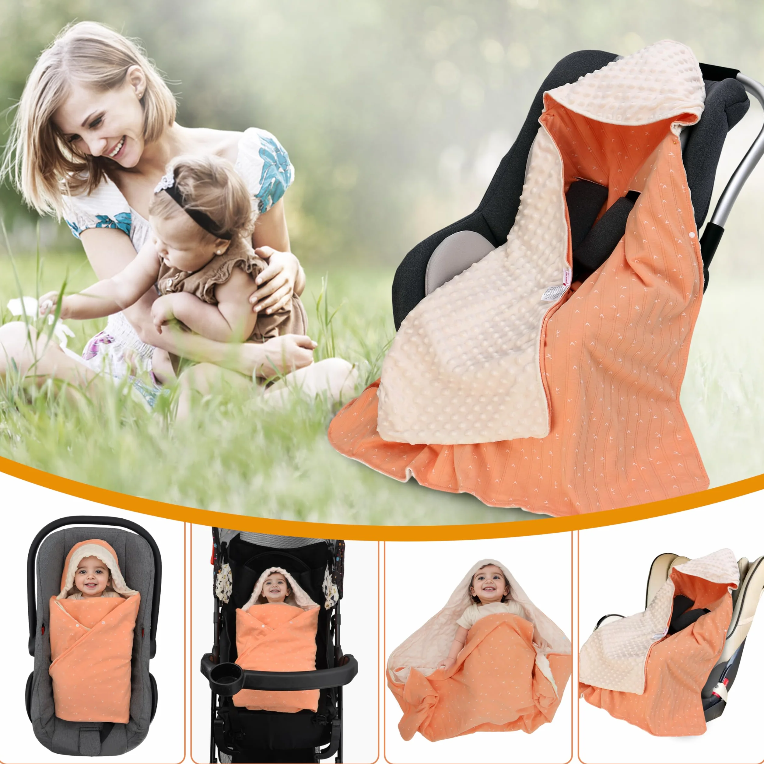 Coperta Avvolgente in 100% Cotone, 90*90cm Bifacciale Multifunzionale Copertina Accogliente con Cappuccio, Morbida Trapunta per Tutte le Stagioni, Adatto a Passeggino, Seggiolino, Unisex, Arancione