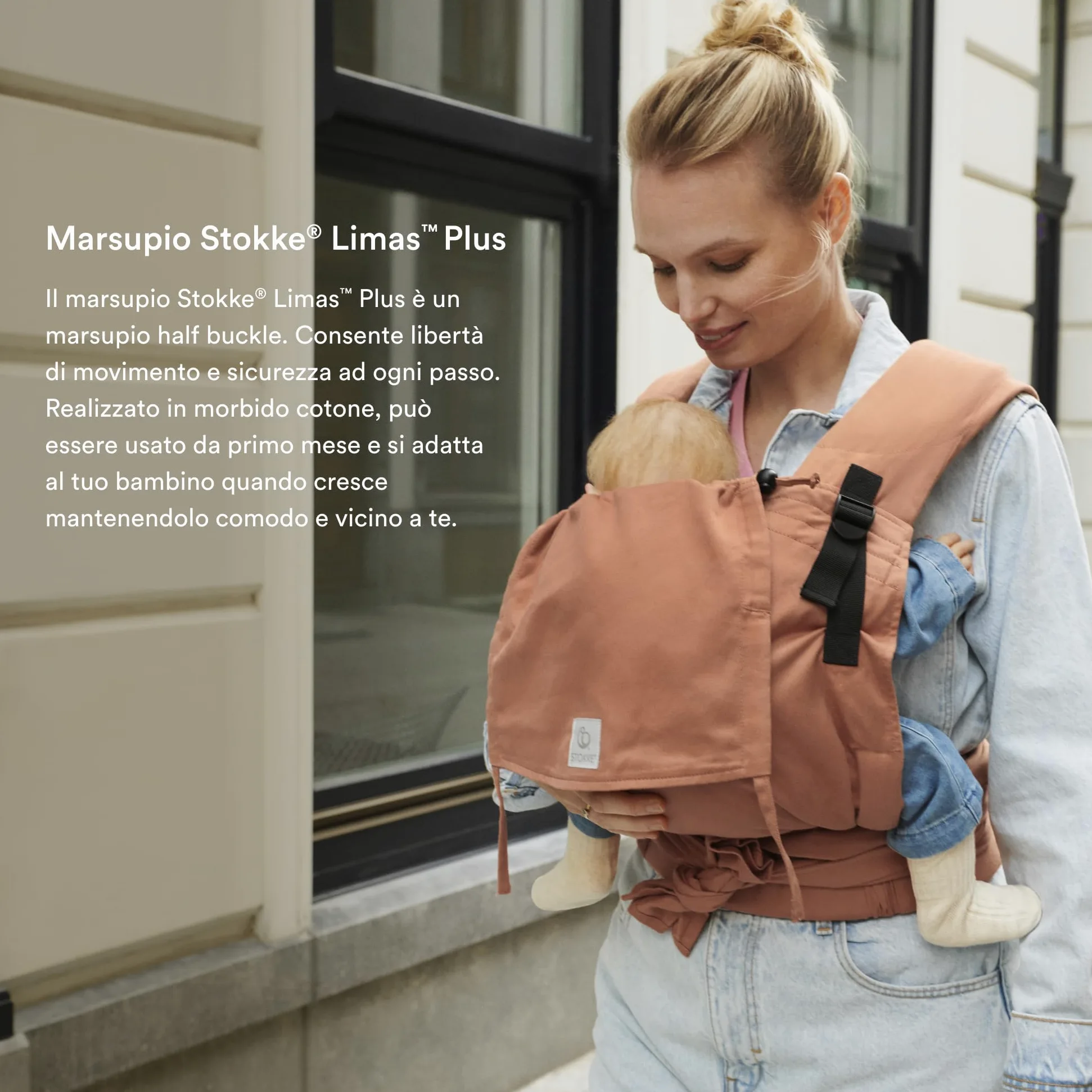 Marsupio Stokke Limas Plus, Terracotta (OCS) - Marsupio per neonati con mezza fibbia - Tre opzioni di trasporto - Sicuro per bambini da 1 mese/4 kg fino a 18 kg