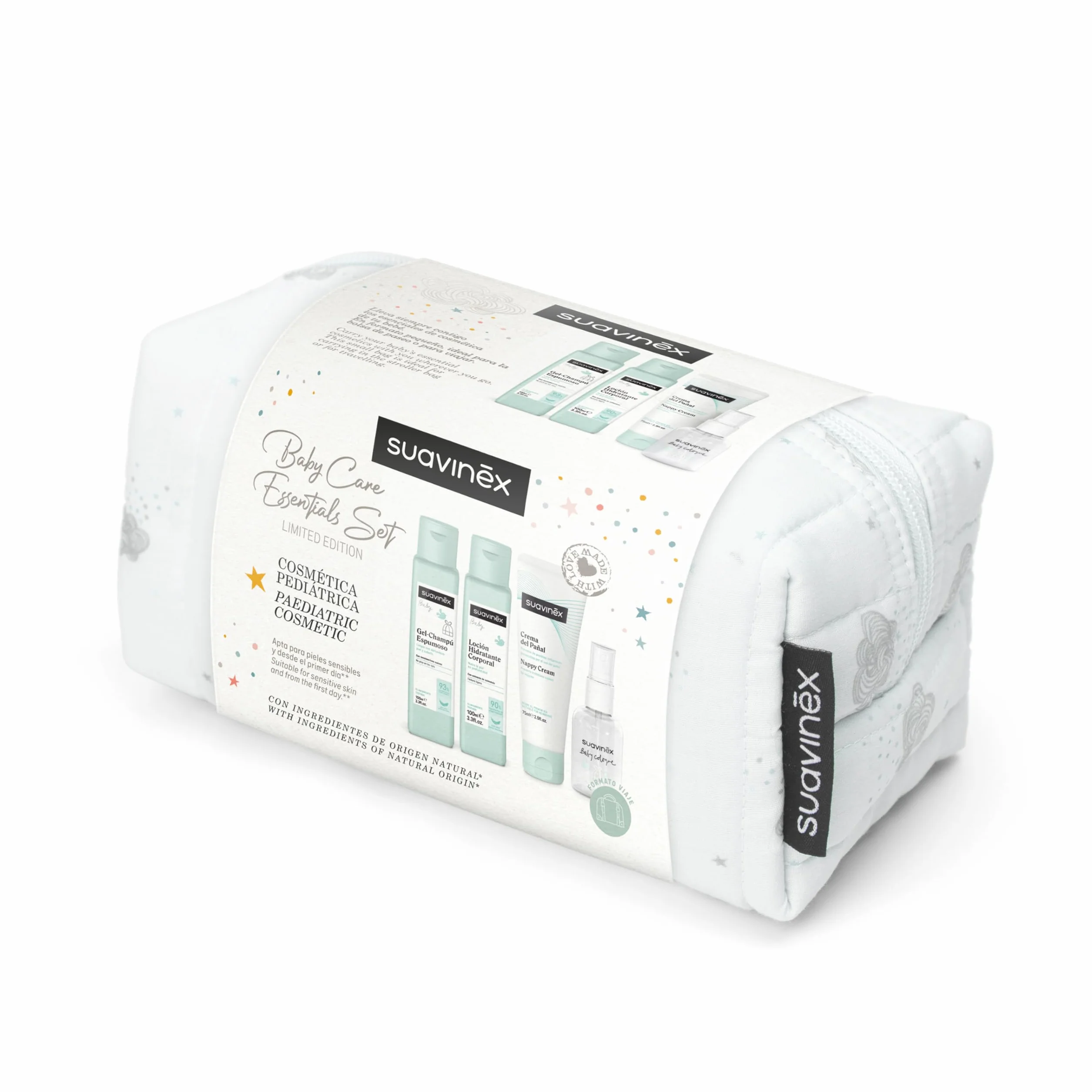 Suavinex, Beauty Case in Tessuto, Set Regalo Neonato con Cosmetici: Shampoo Gel 100 ml + Lozione Idratante 100 ml + Crema Pannolino 75 ml + Colonia Baby 50 ml. Formato viaggio. Dreams azzurro