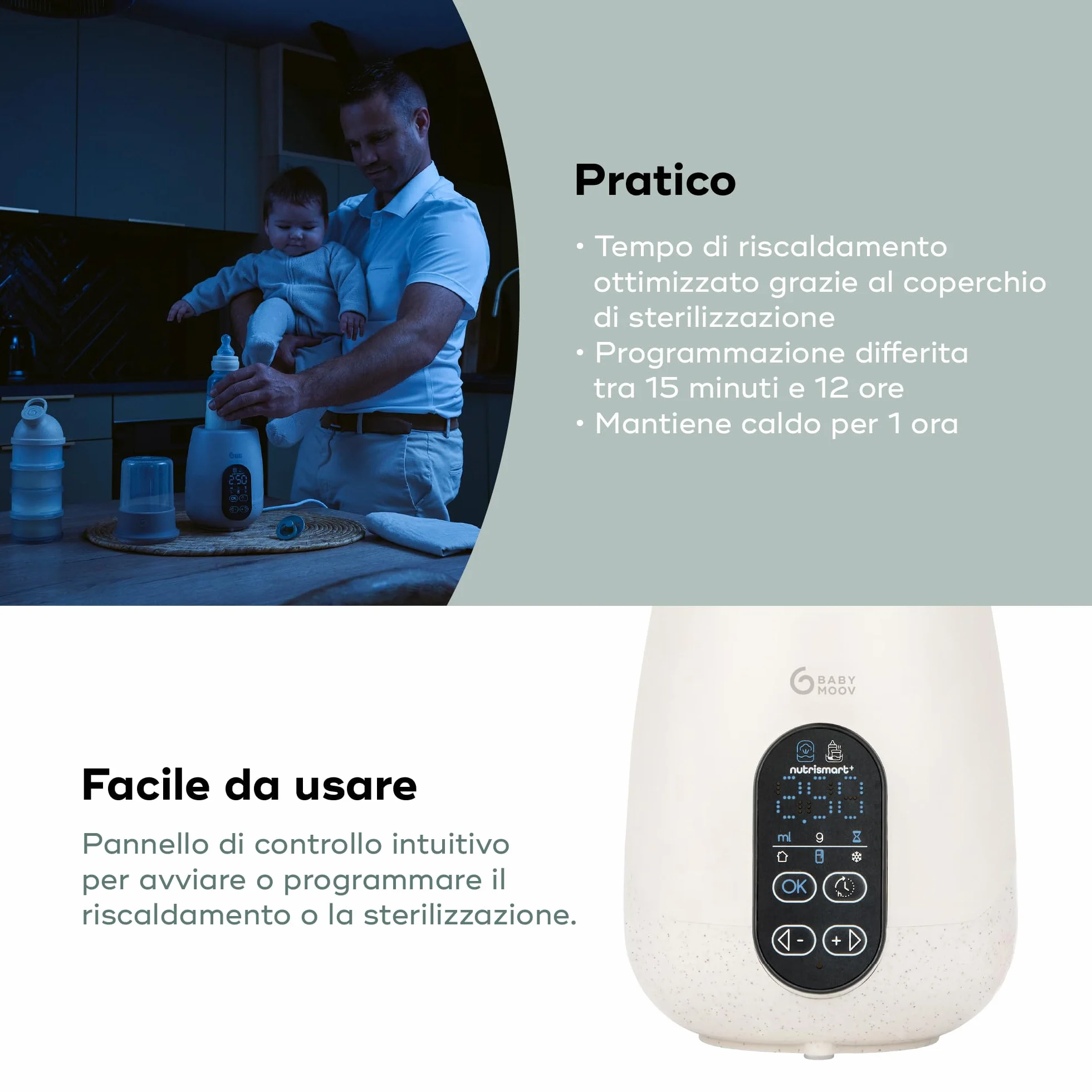 Babymoov Scaldabiberon e sterilizzatore NutriSmart(+) - Portatile - Casa e auto - Adattatore, cestello e coperchio inclusi - Riscaldamento programmabile - Funzione di mantenimento del calore per 1 ora