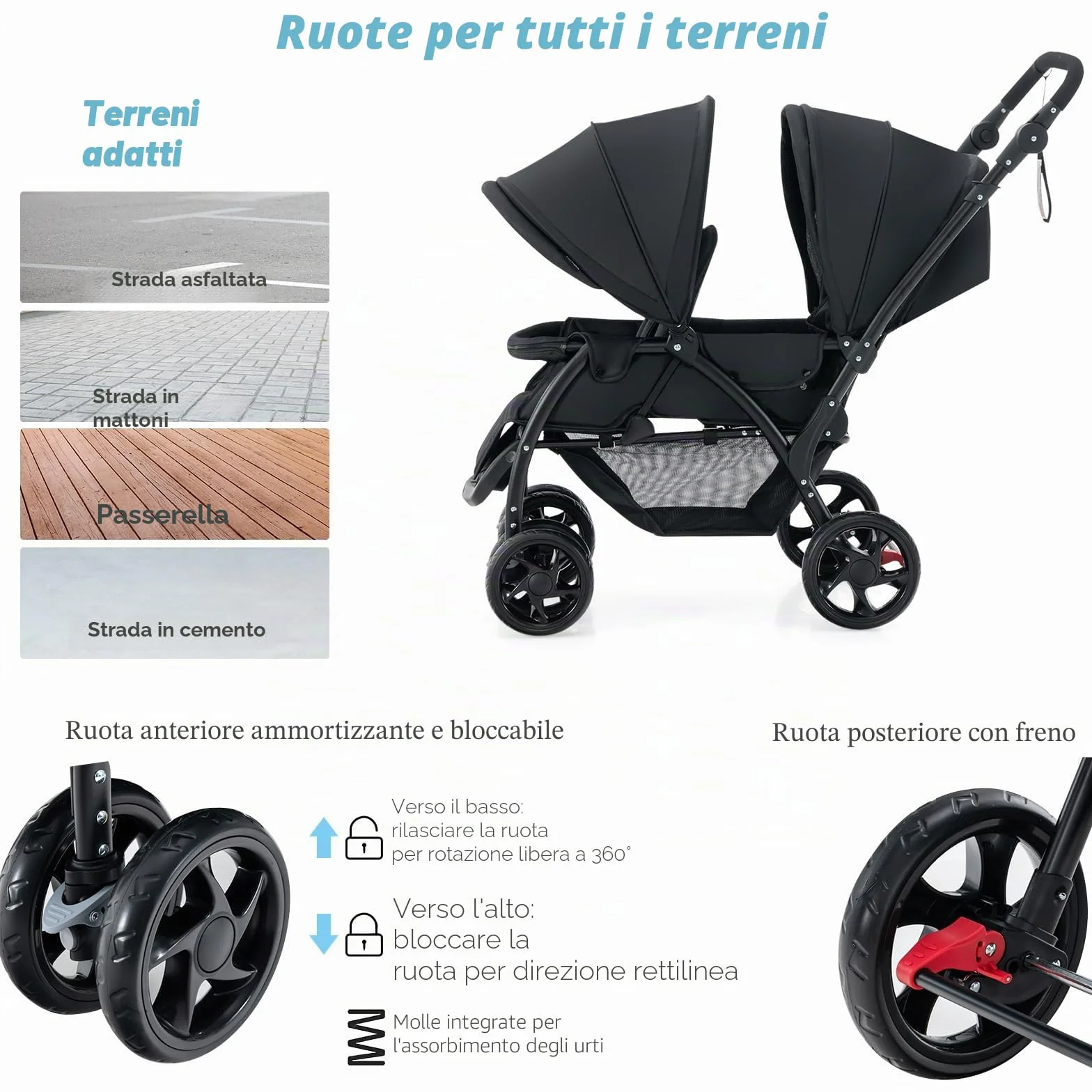 LIFEZEAL Passeggino Gemellare, Doppio, Carrozzina per Bambini, Passeggino da Viaggio, Leggero, Pieghevole, Compatto, Regolabile, Portatile, Reclinabile, Comodo, Max 30 kg, 123x57x95-110 cm (nero)